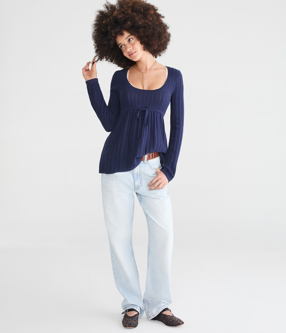 Textured Rib Scoop-Neck Babydoll Sweater