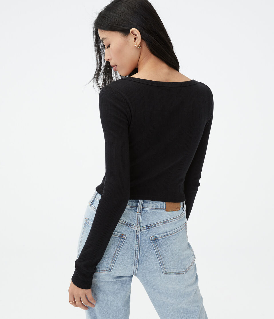 Long Sleeve Notch-Neck Cropped Shrunken Tee