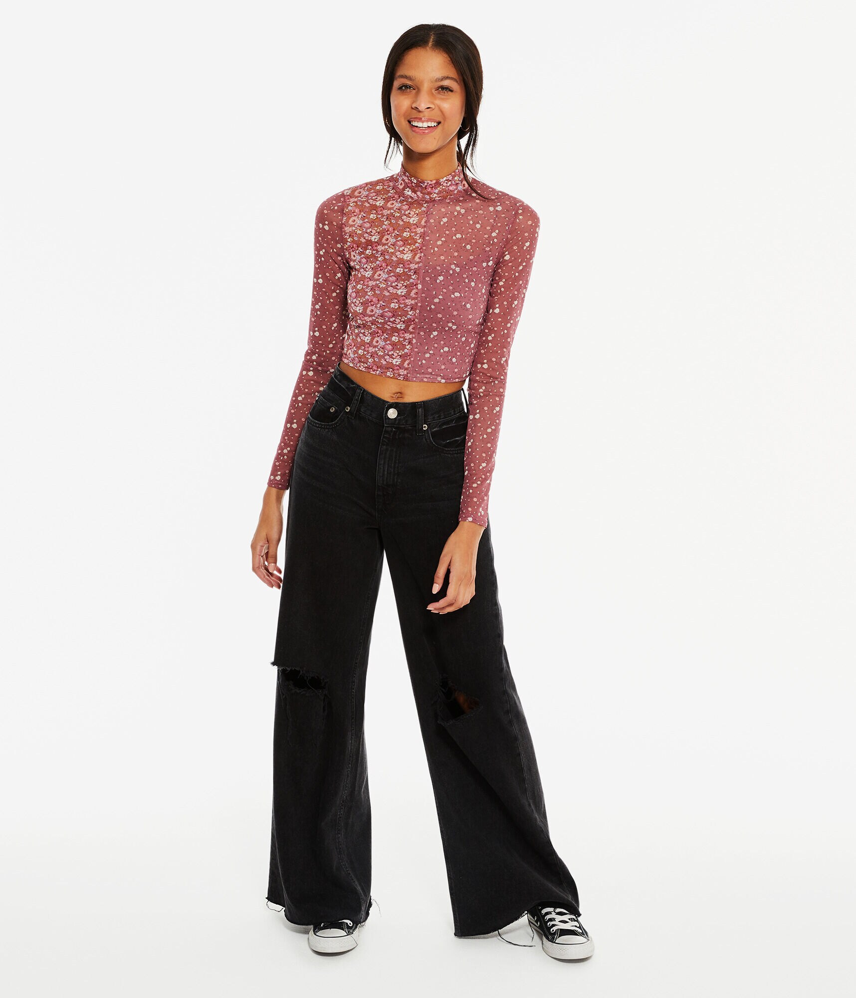 Long Sleeve Spliced Floral Mesh Mock-Neck Crop Top