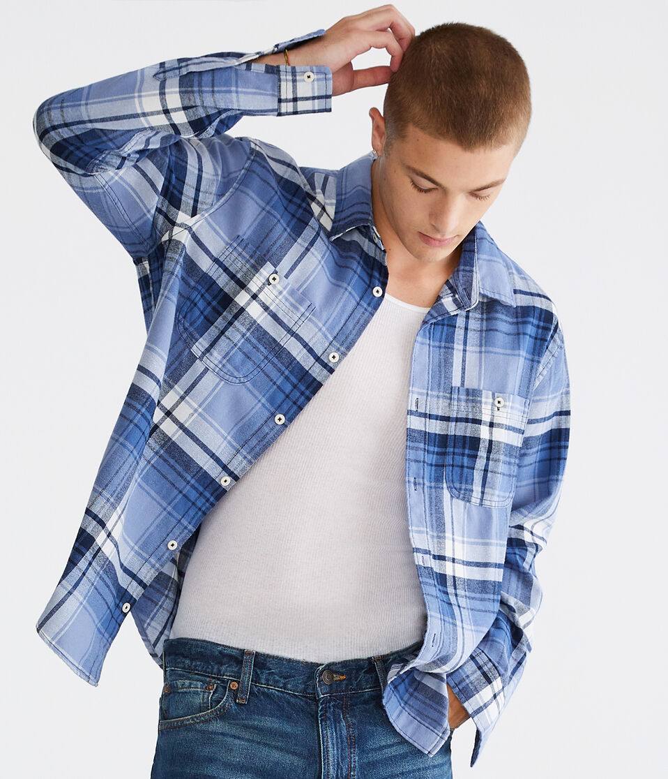 Long Sleeve Relaxed Washed Plaid Flannel Shirt