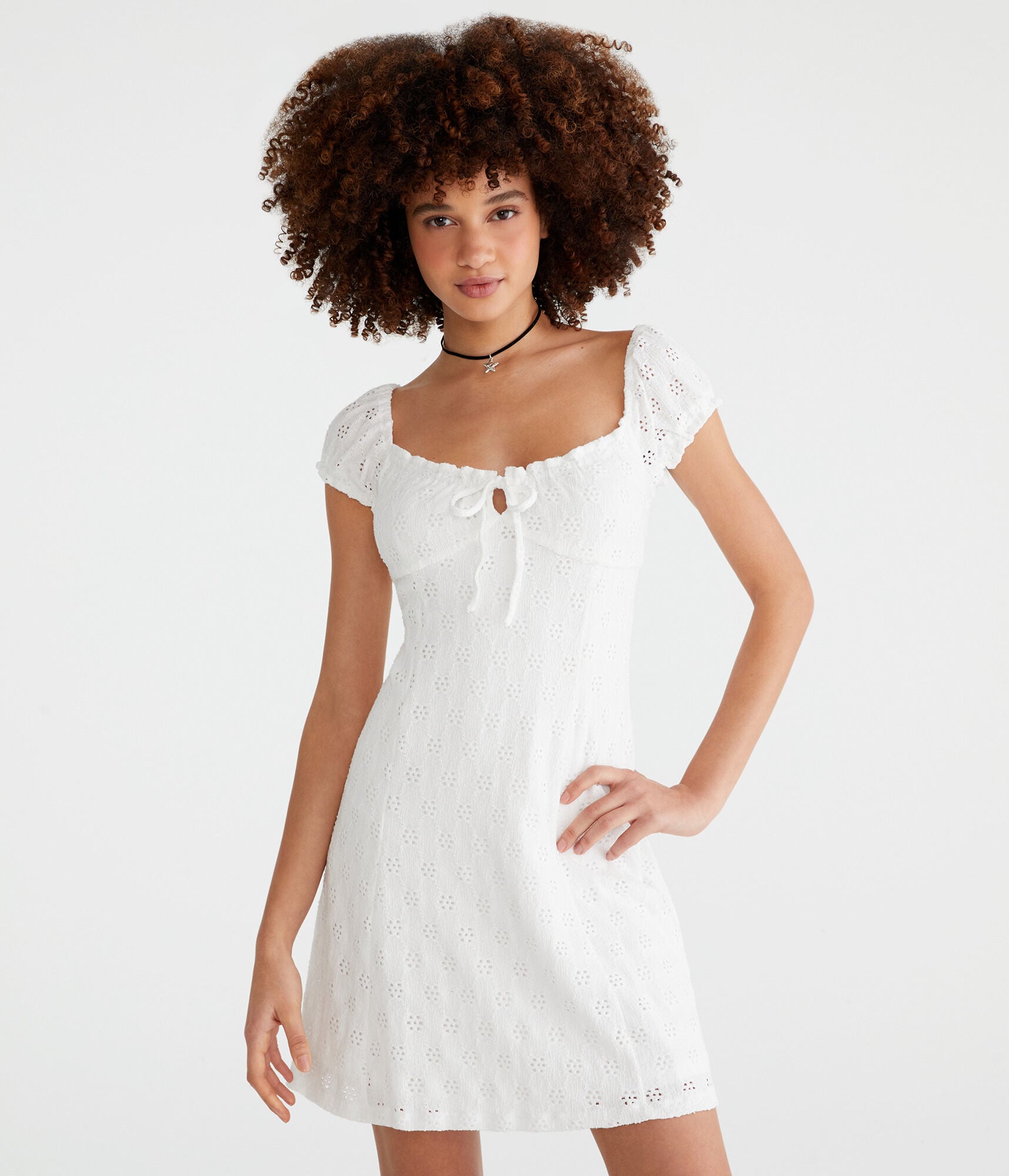 Solid Scoop-Neck Eyelet Empire Mini Dress