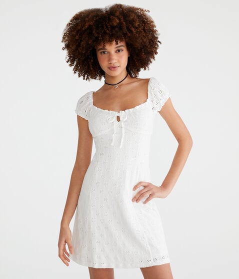 Solid Scoop-Neck Eyelet Empire Mini Dress Solid Scoop-Neck Eyelet Empire Mini Dress