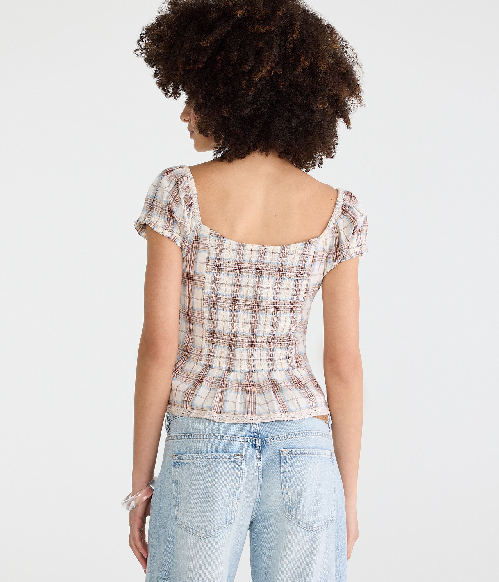 Plaid Button-Front Scoop-Neck Blouse