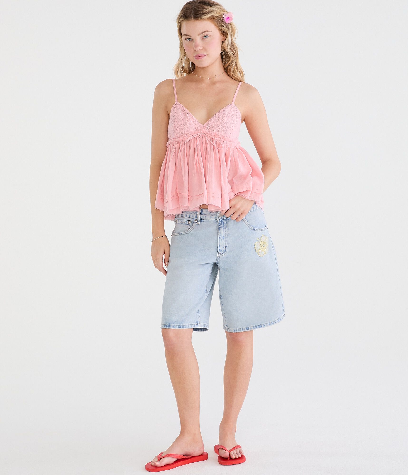 Crocheted V-Neck Babydoll Top