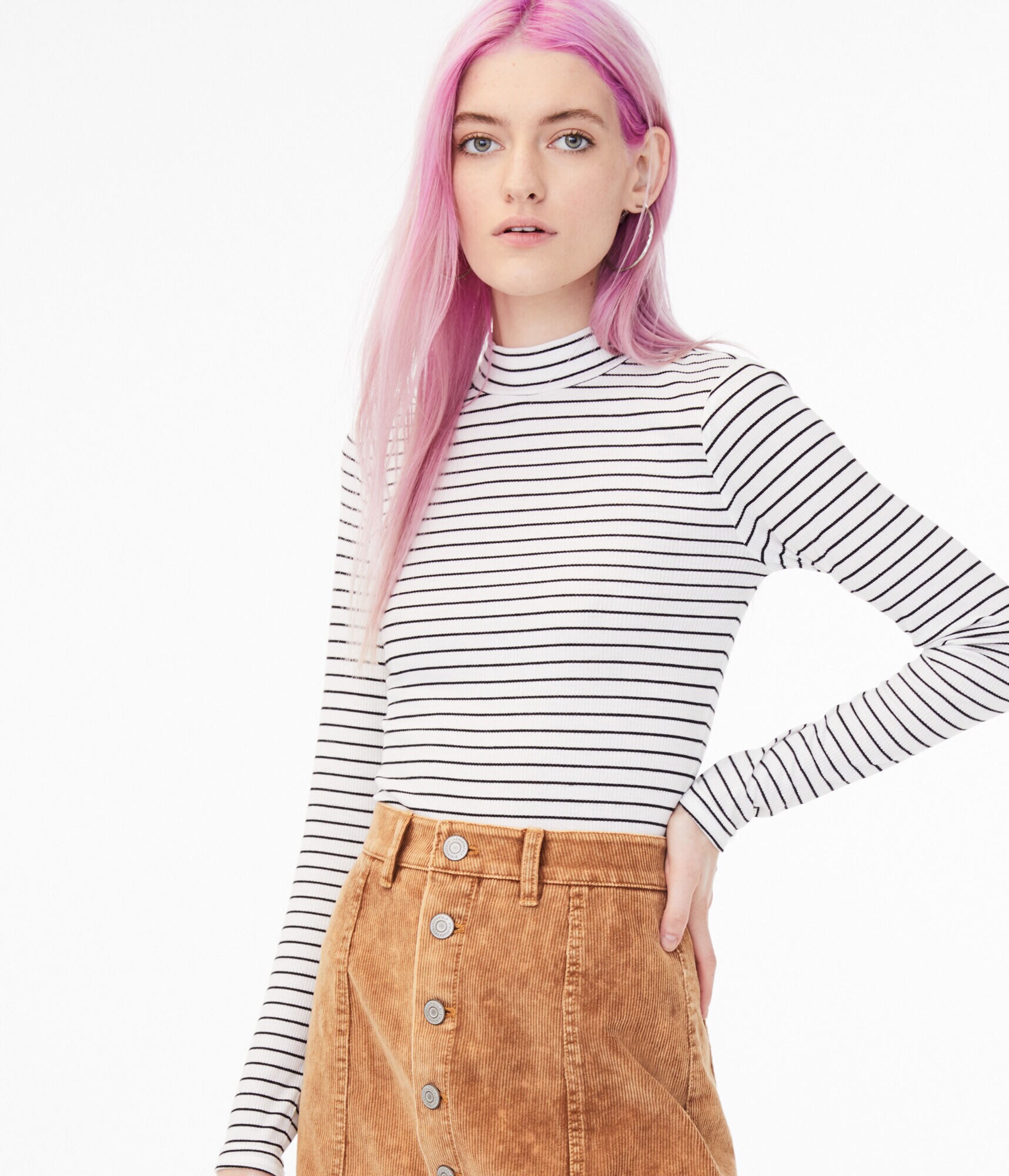 Long Sleeve Striped Mock-Neck Tee