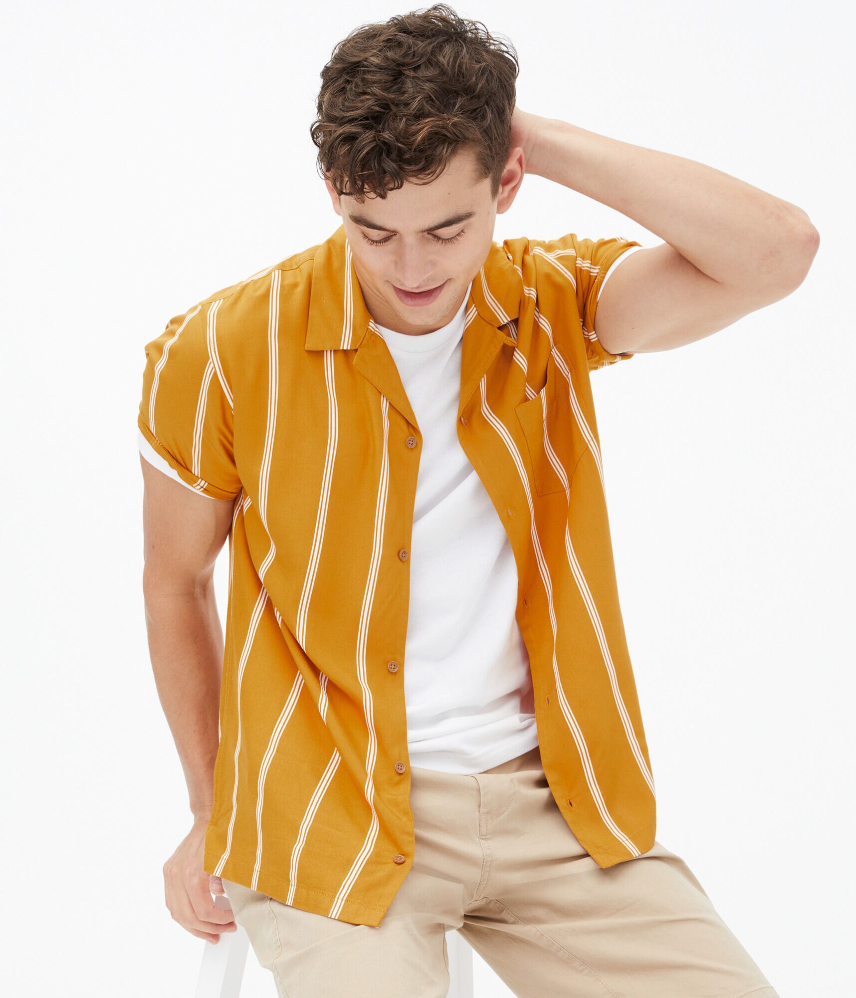 Vertical Stripe Button-Down Camp Shirt