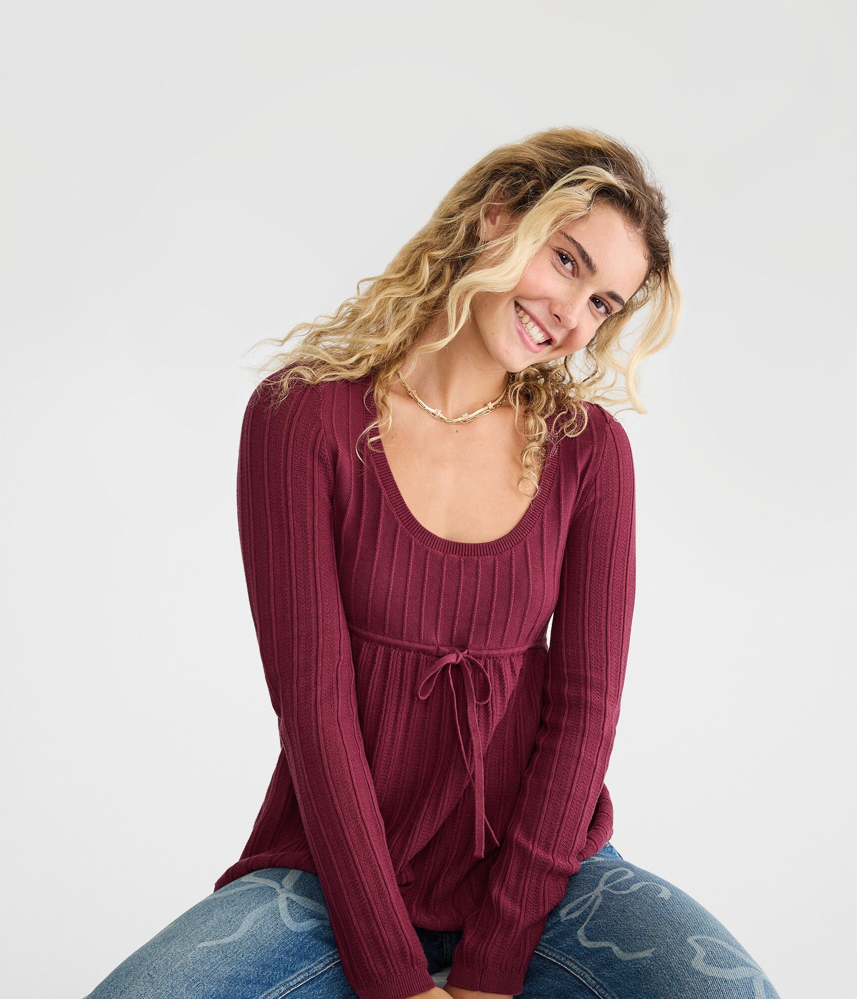 Textured Rib Scoop-Neck Babydoll Sweater