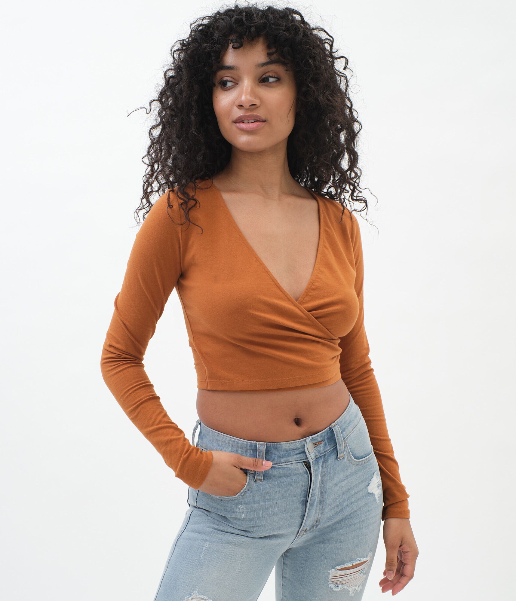 Long Sleeve Surplice Crop Top***