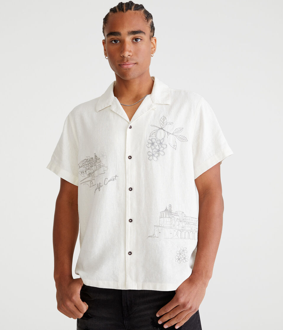 Short Sleeve Amalfi Coast Embroidered Linen Shirt