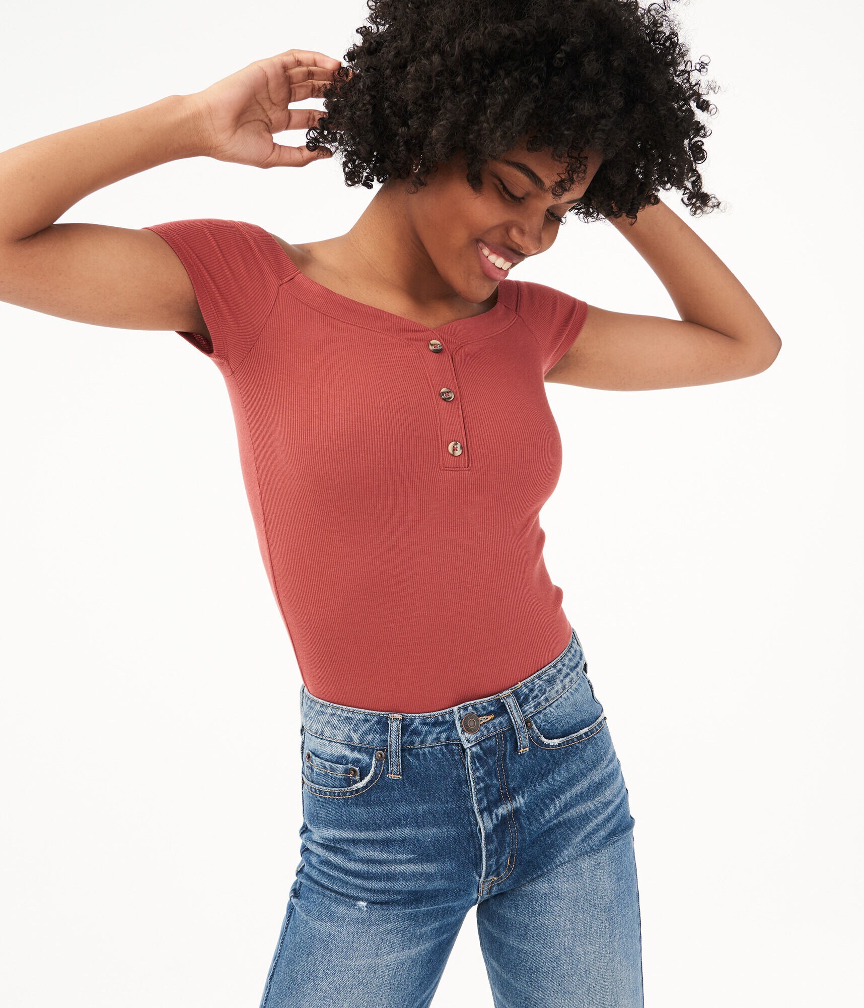 Seriously Soft Off-The-Shoulder Henley Bodycon Top