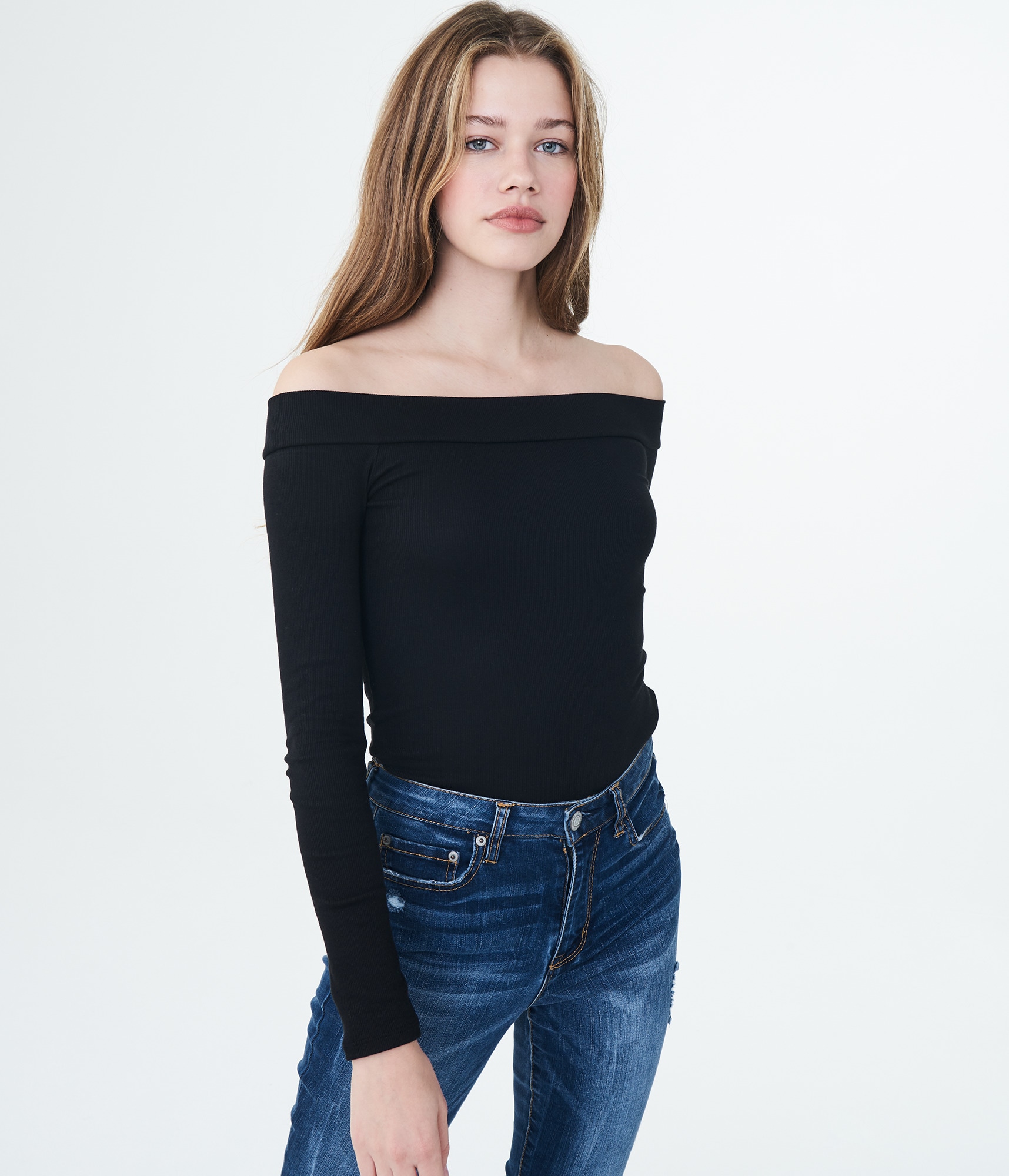 【Raucohouse】Daisy off-shoulder ribbed long sleeve Long Sleeve Solid Ribbed Off-The-Shoulder Top