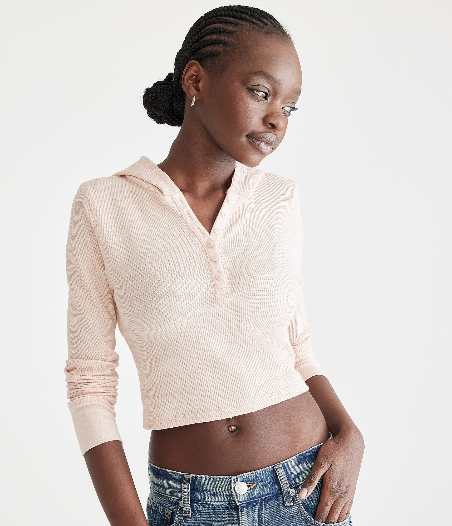 Long Sleeve Cropped Hooded Waffle Henley