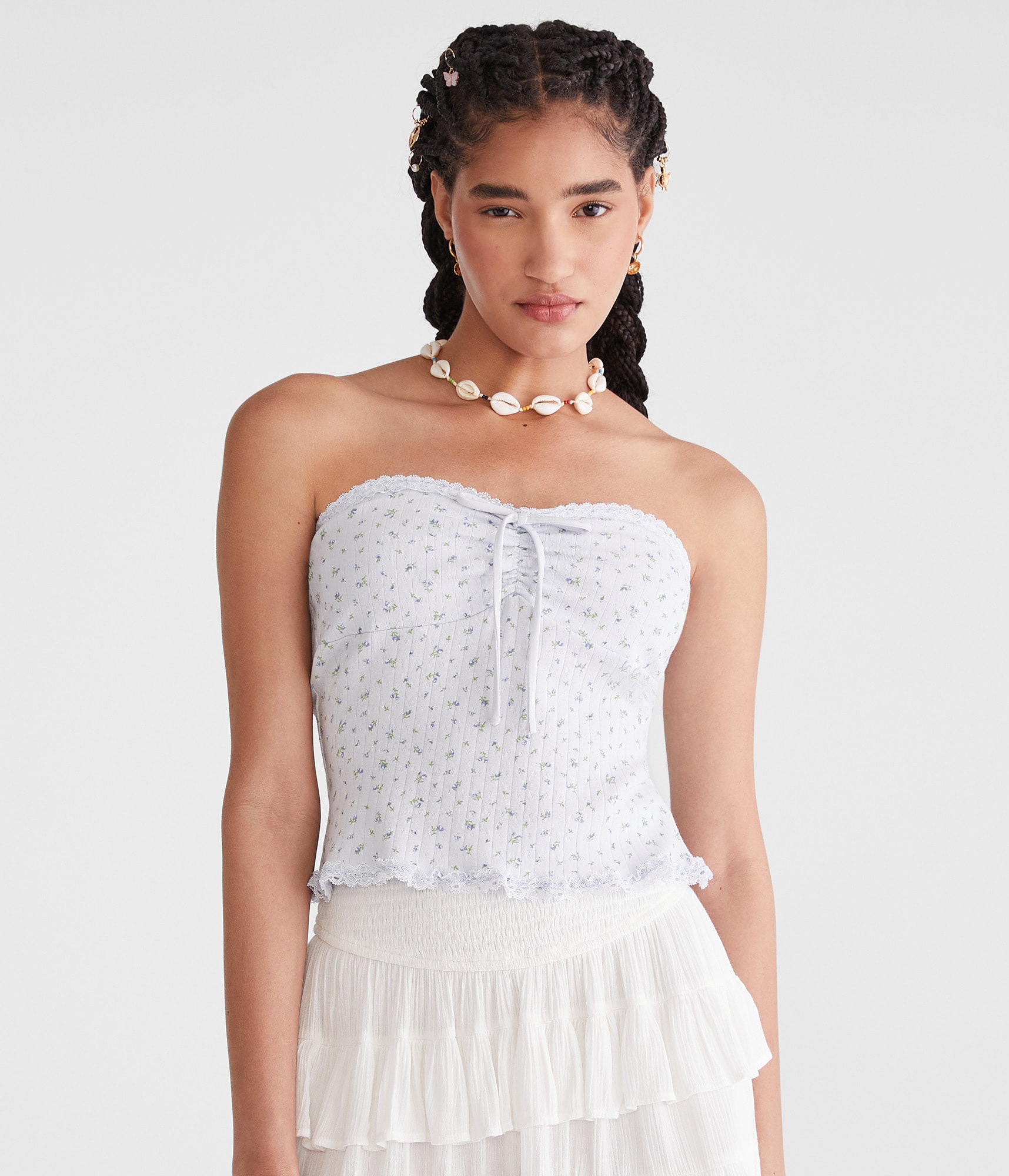 トップス tope tubetop Floral Lace-Trim Tube Top