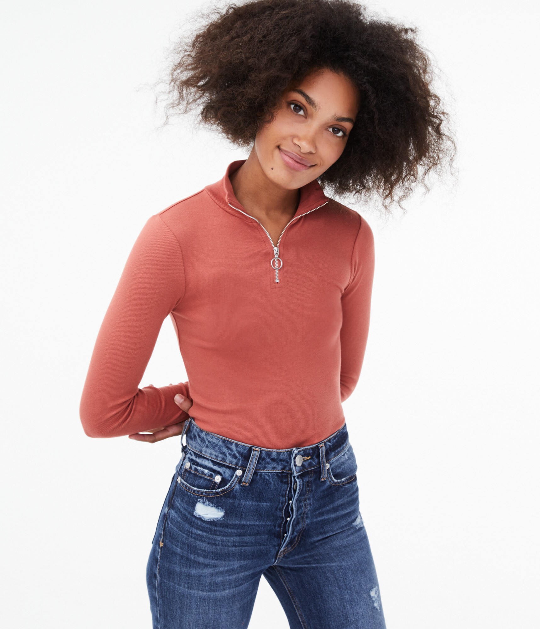 Long Sleeve Ribbed Quarter-Zip Top