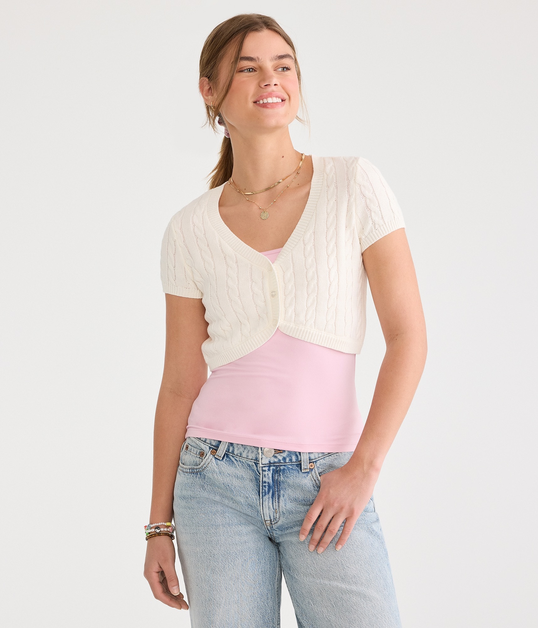 Short Sleeve Cable Knit Sweater Shrug