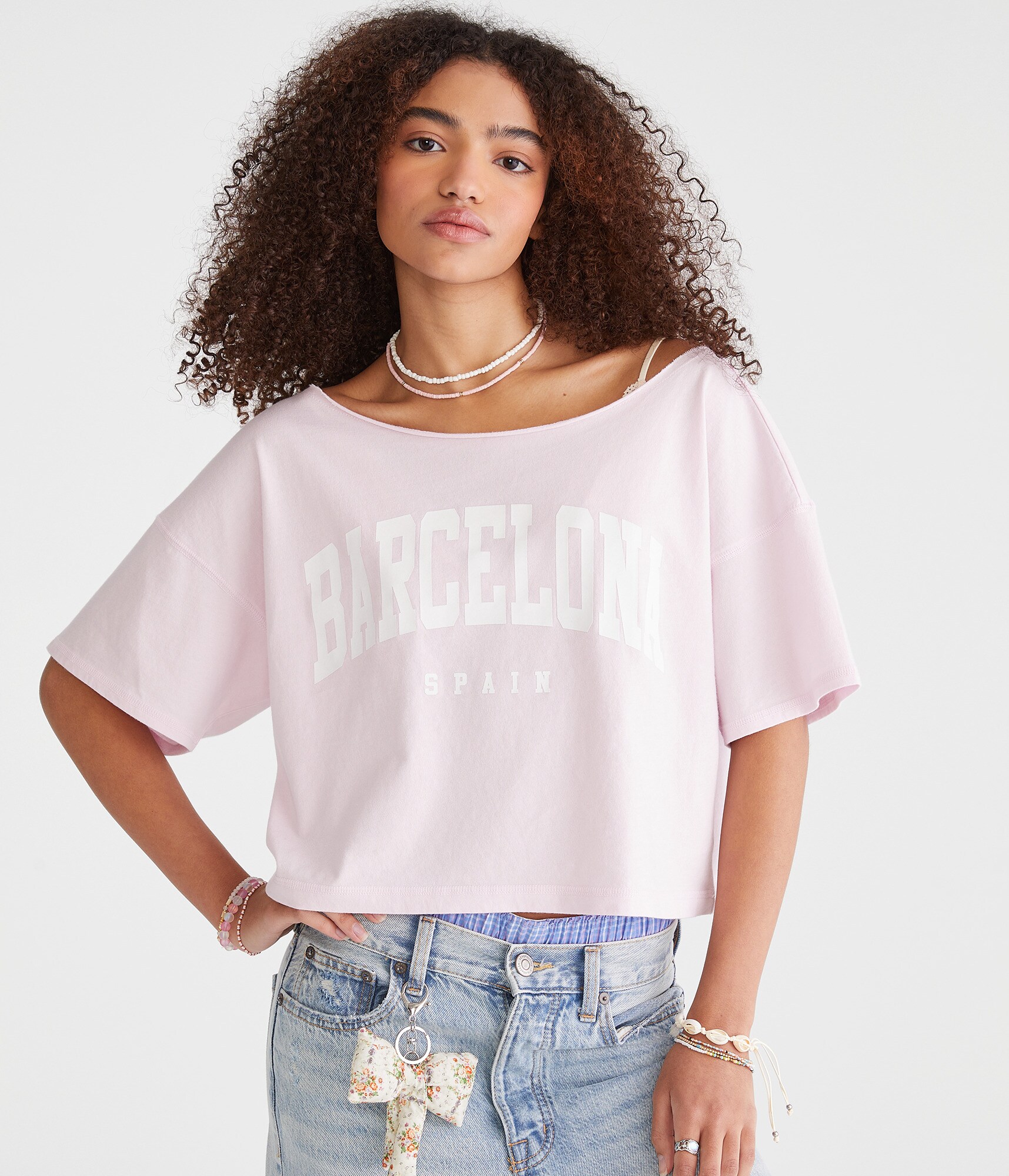 Barcelona Off-The-Shoulder Cropped Boyfriend Graphic Tee