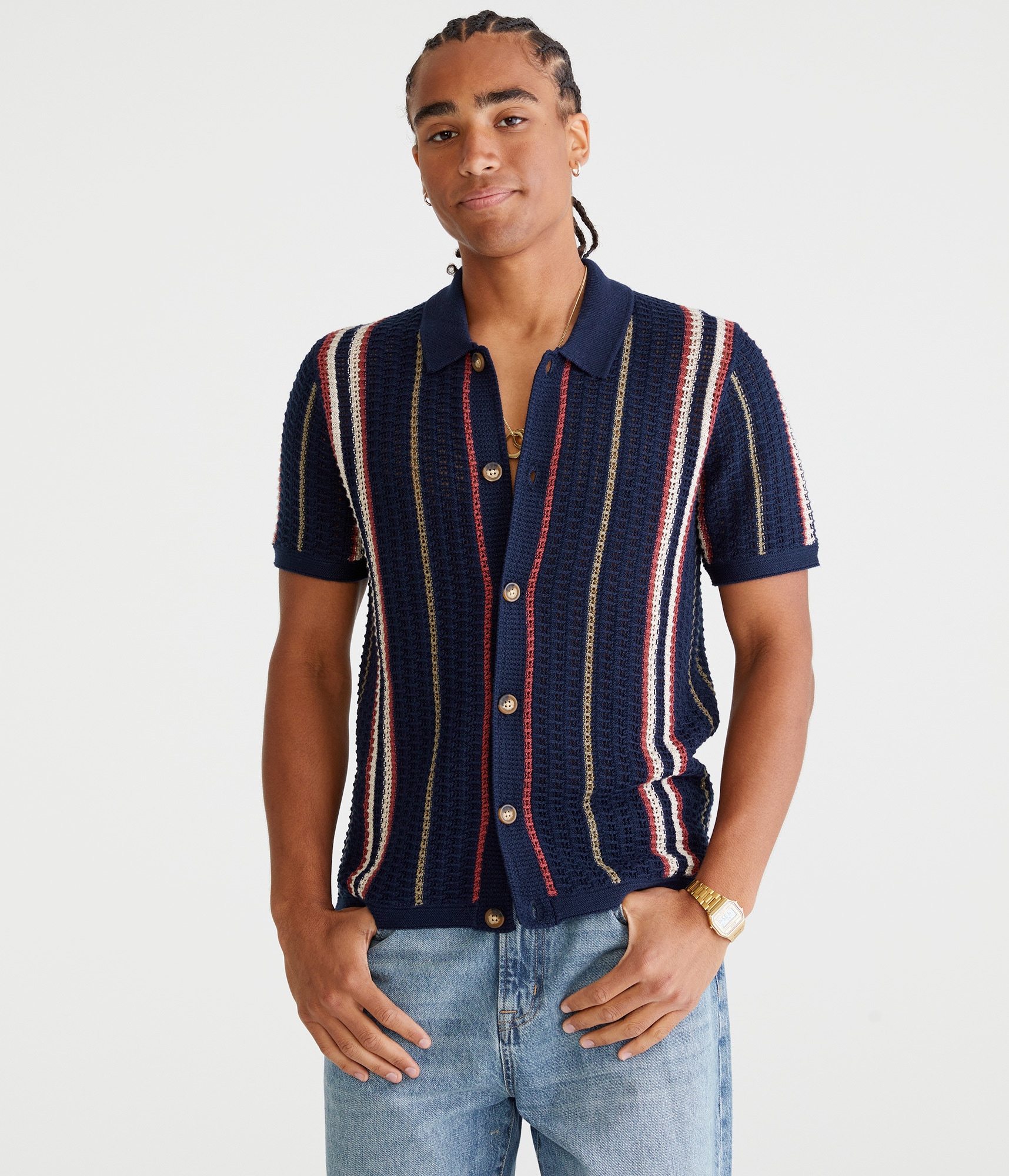 Striped Open-Knit Sweater Shirt