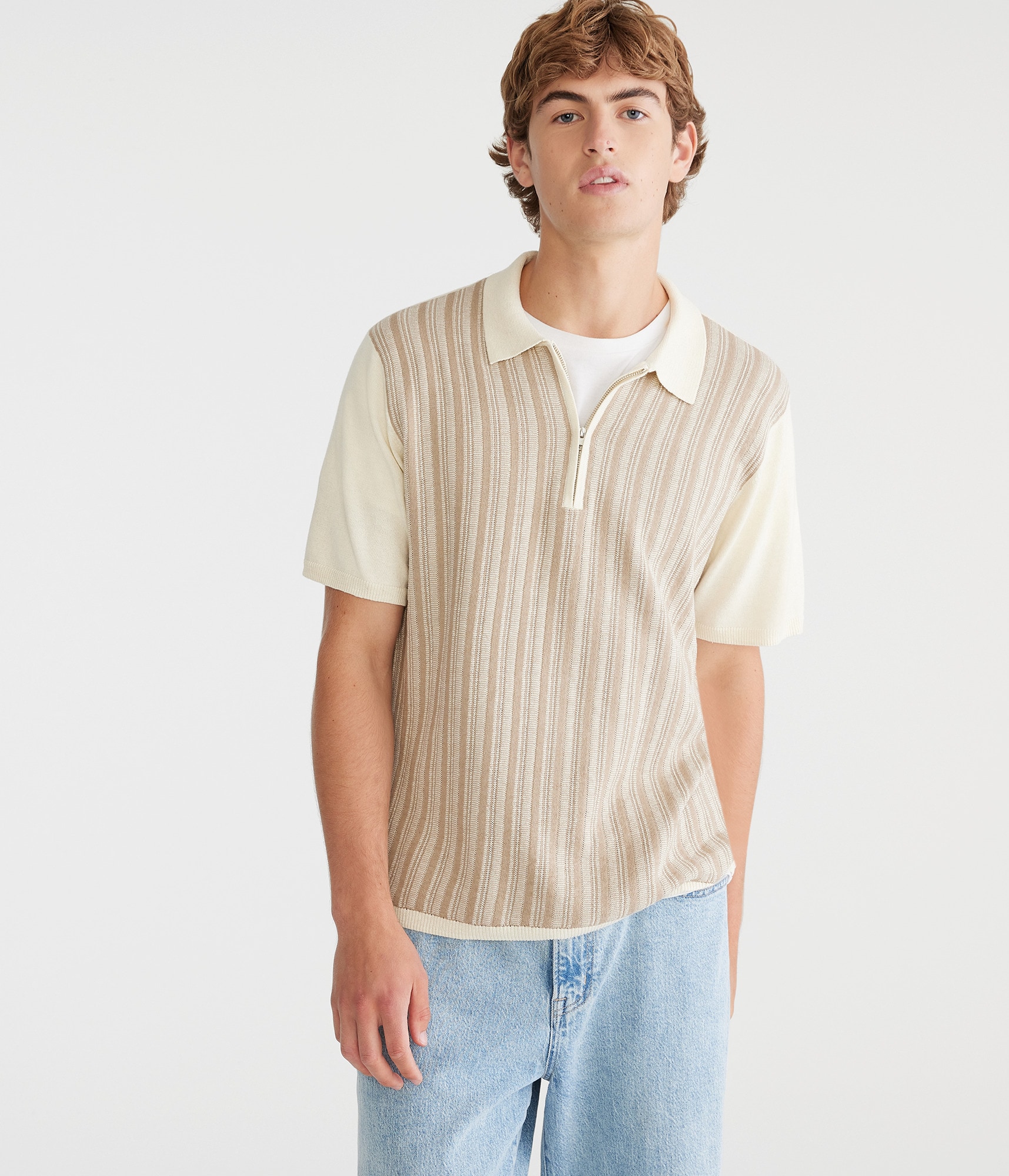 Vertical Stripe Quarter-Zip Sweater Polo
