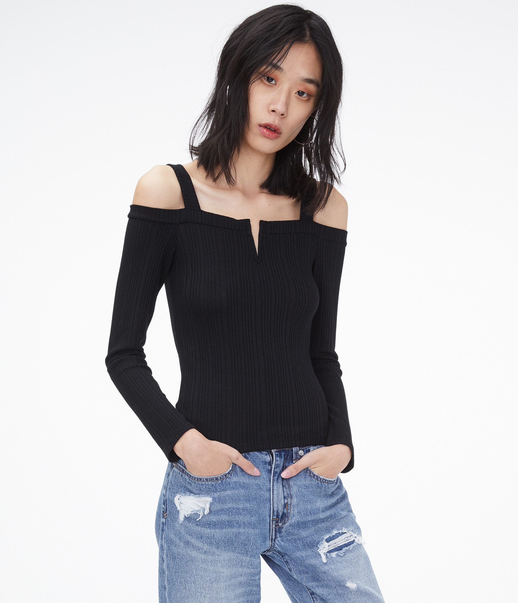 【新品未着用】MEER. AMERICAN SLEEVE FLARE TOP Long Sleeve Seriously Soft Variegated V-Wire Cold-Shoulder Top