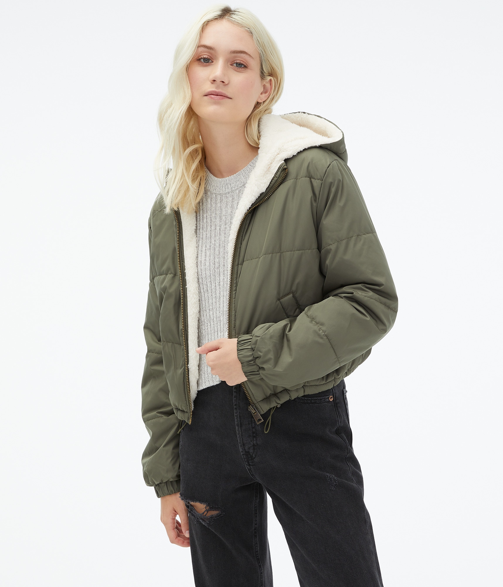 Quilted Sherpa-Lined Hooded Jacket
