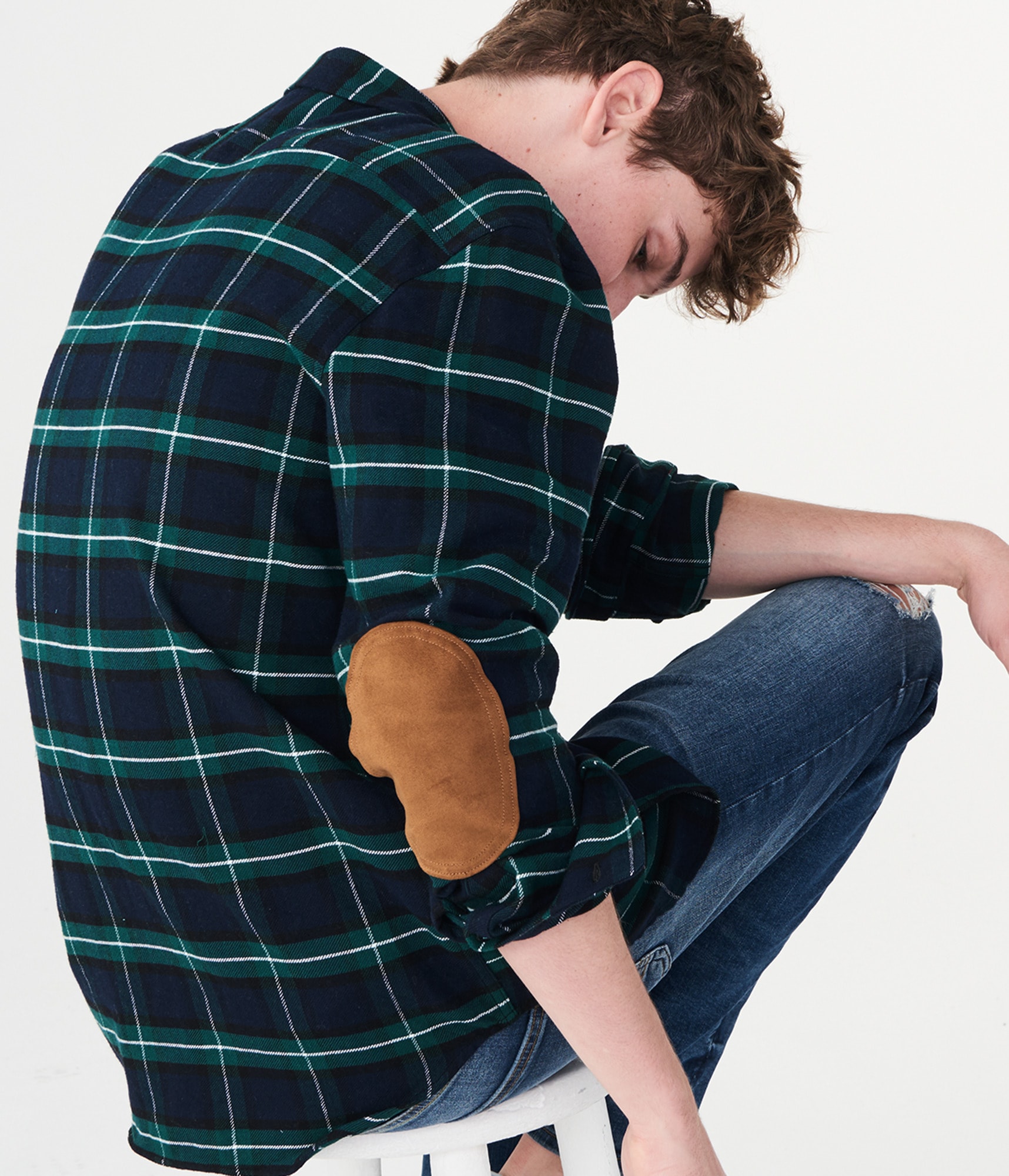 Long Sleeve Plaid Elbow Patch Woven Shirt