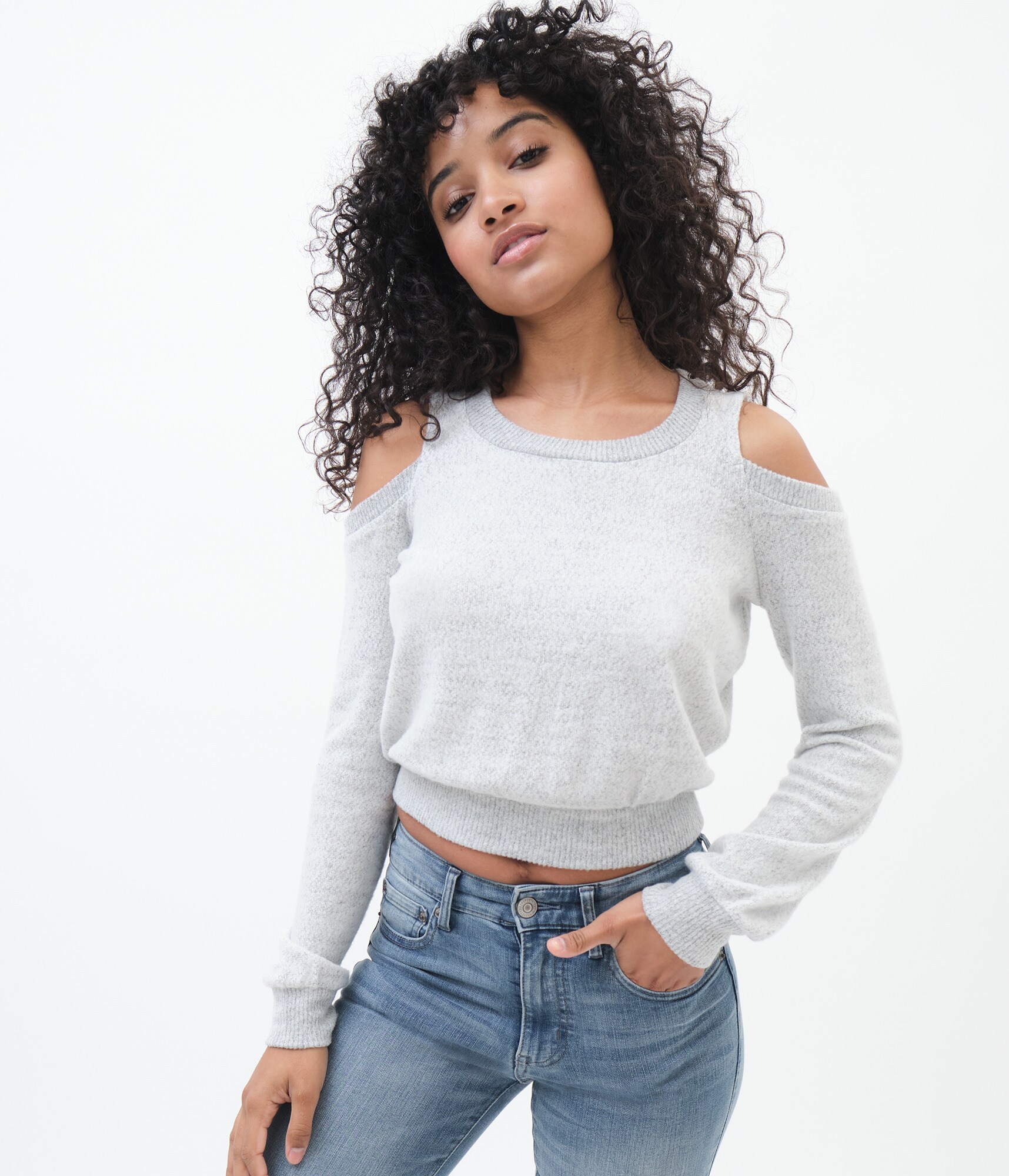 Long Sleeve Fuzzy Cold-Shoulder Top
