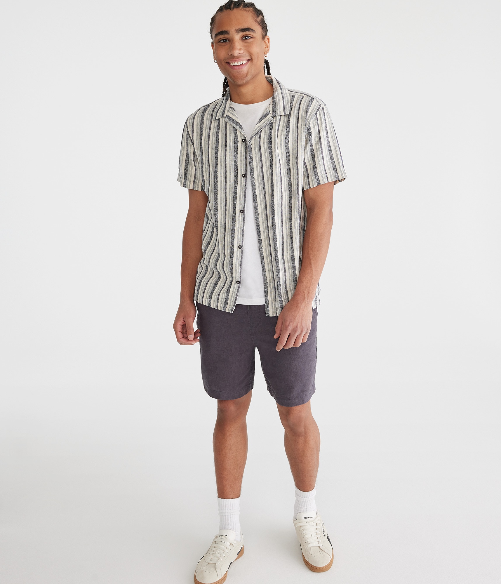 Short Sleeve Textured Stripe Linen Shirt