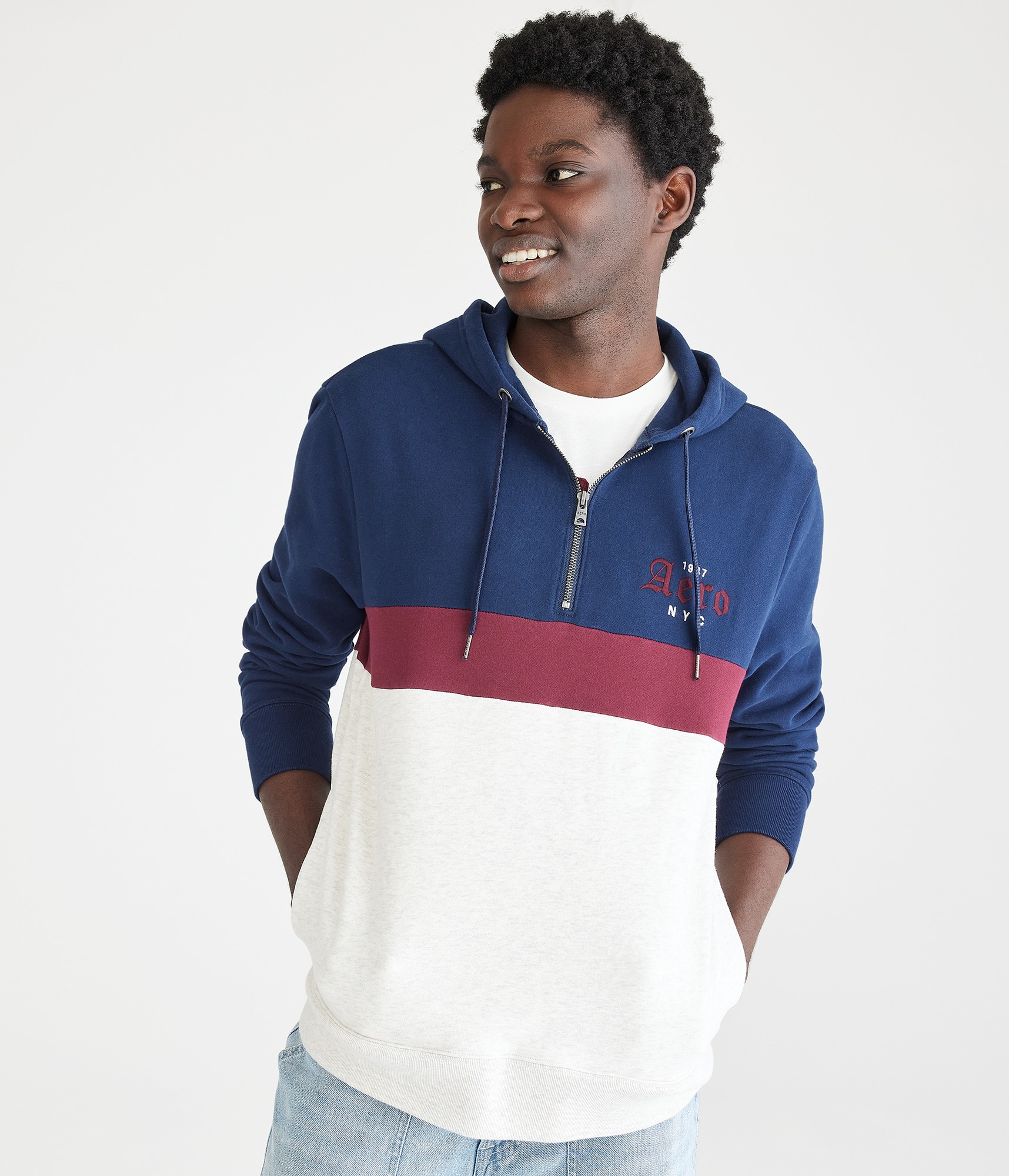 【BAON】[unisex] Tecon color lettering over fleece L/S T Colorblock Logo Quarter-Zip Fleece Pullover