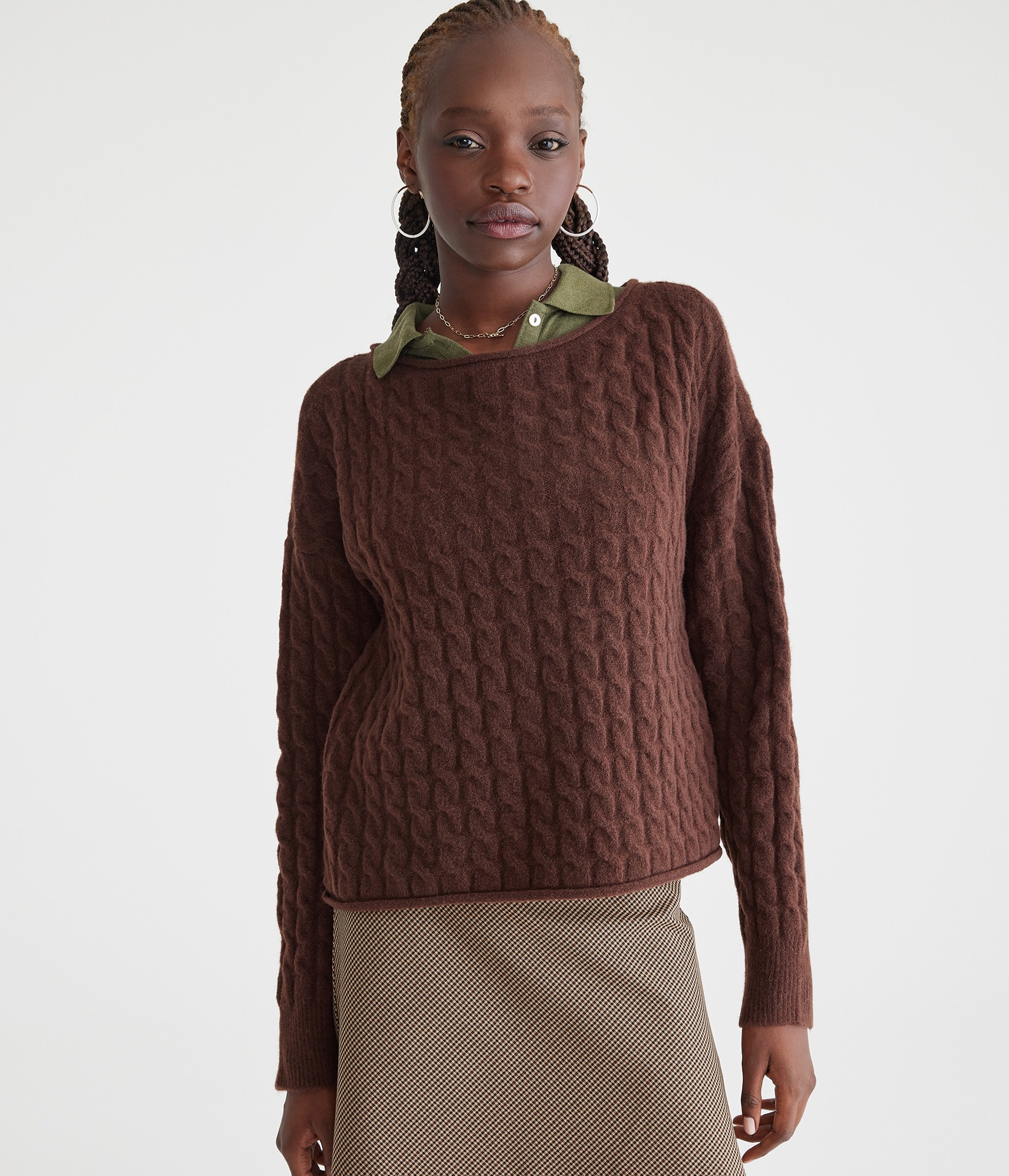 Cable Cropped Boat-Neck Sweater