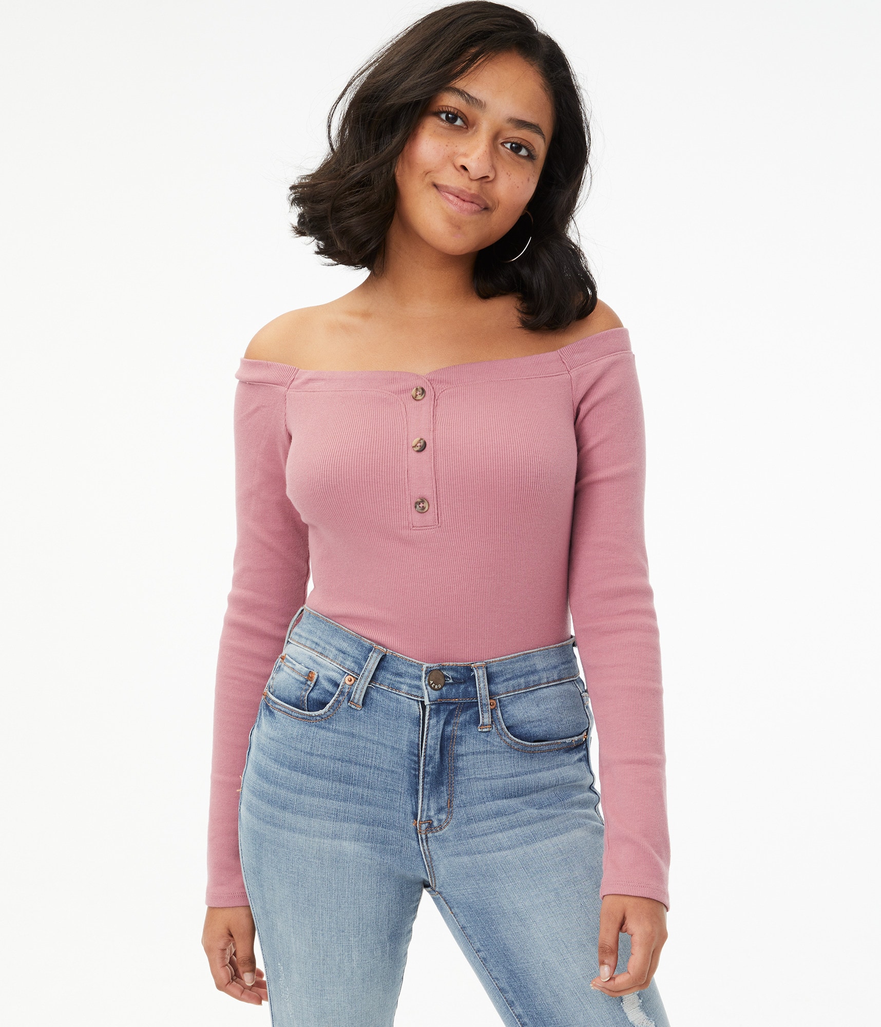 Long Sleeve Seriously Soft Off-The-Shoulder Henley Bodycon Top