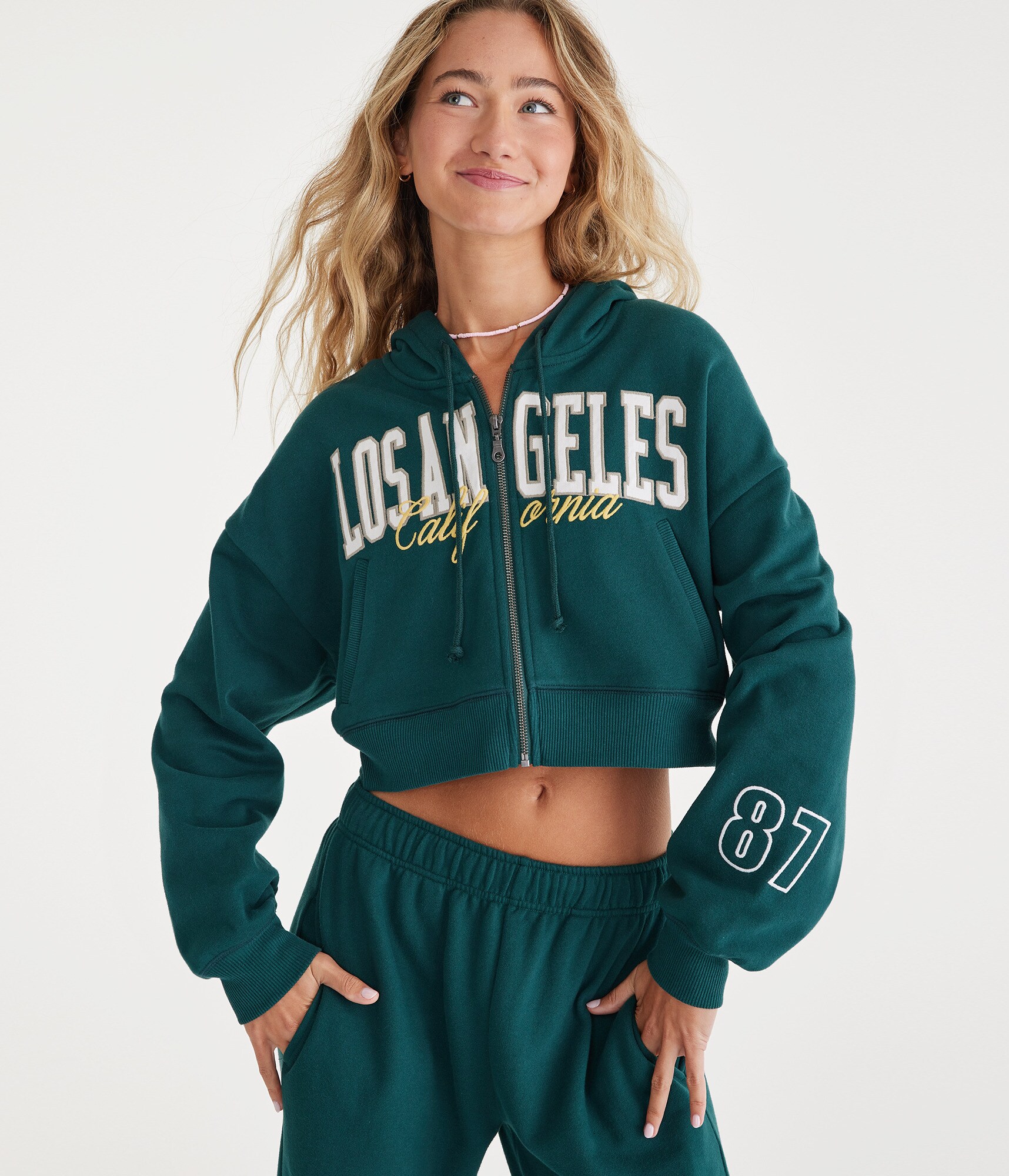 Los Angeles Oversized Cropped Full-Zip Hoodie