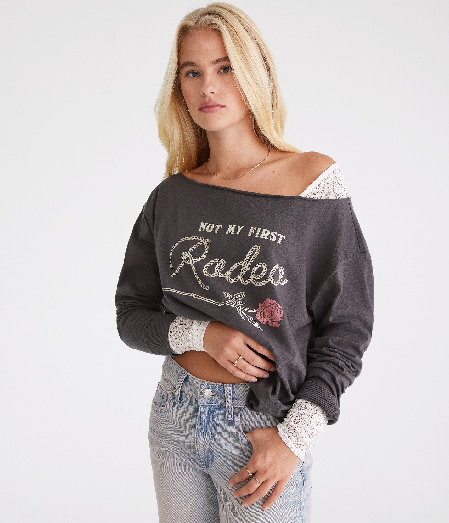 Long Sleeve Rodeo Rose Off-The-Shoulder Graphic Tee