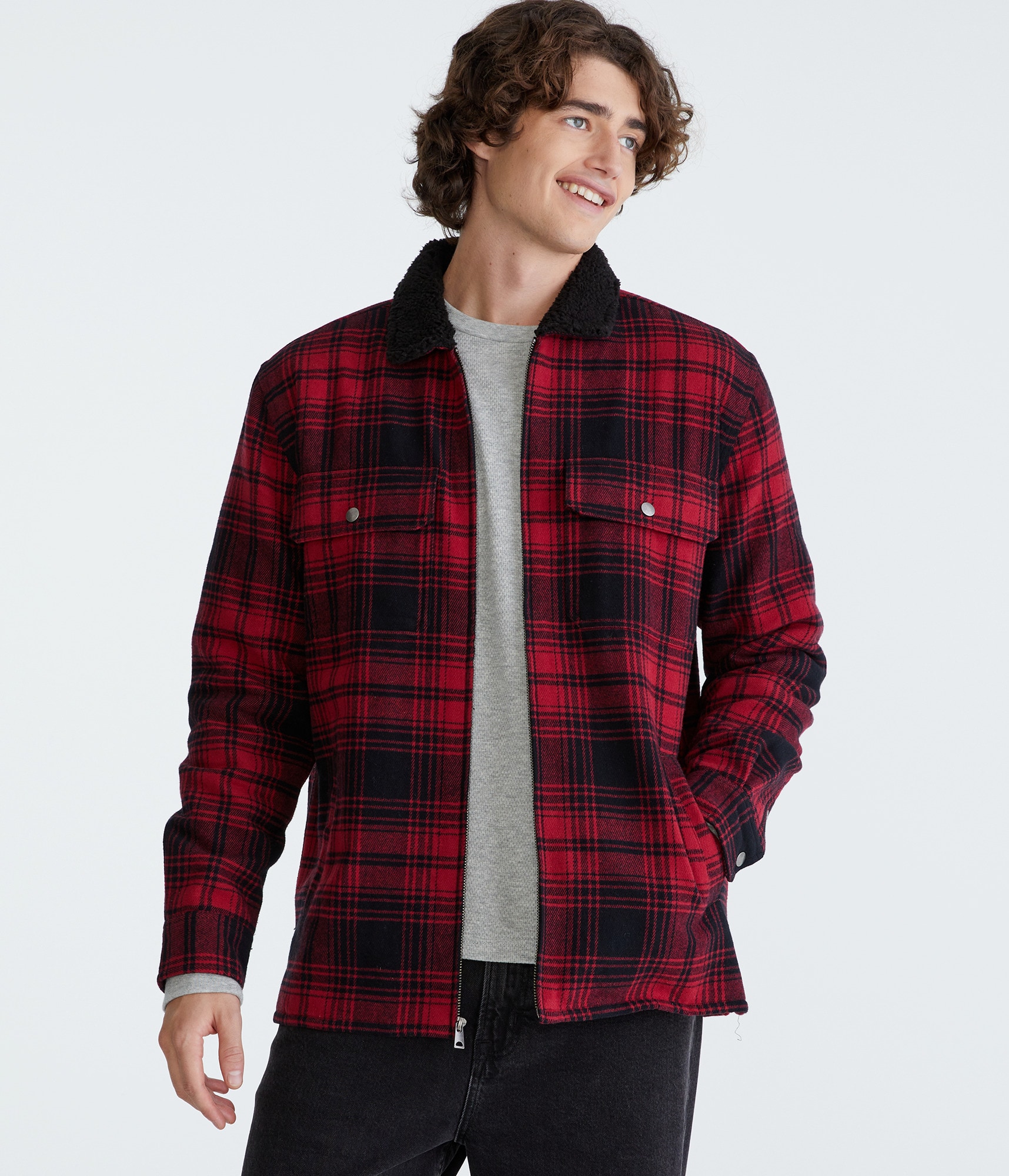 Plaid Sherpa-Lined Full-Zip Flannel Shacket