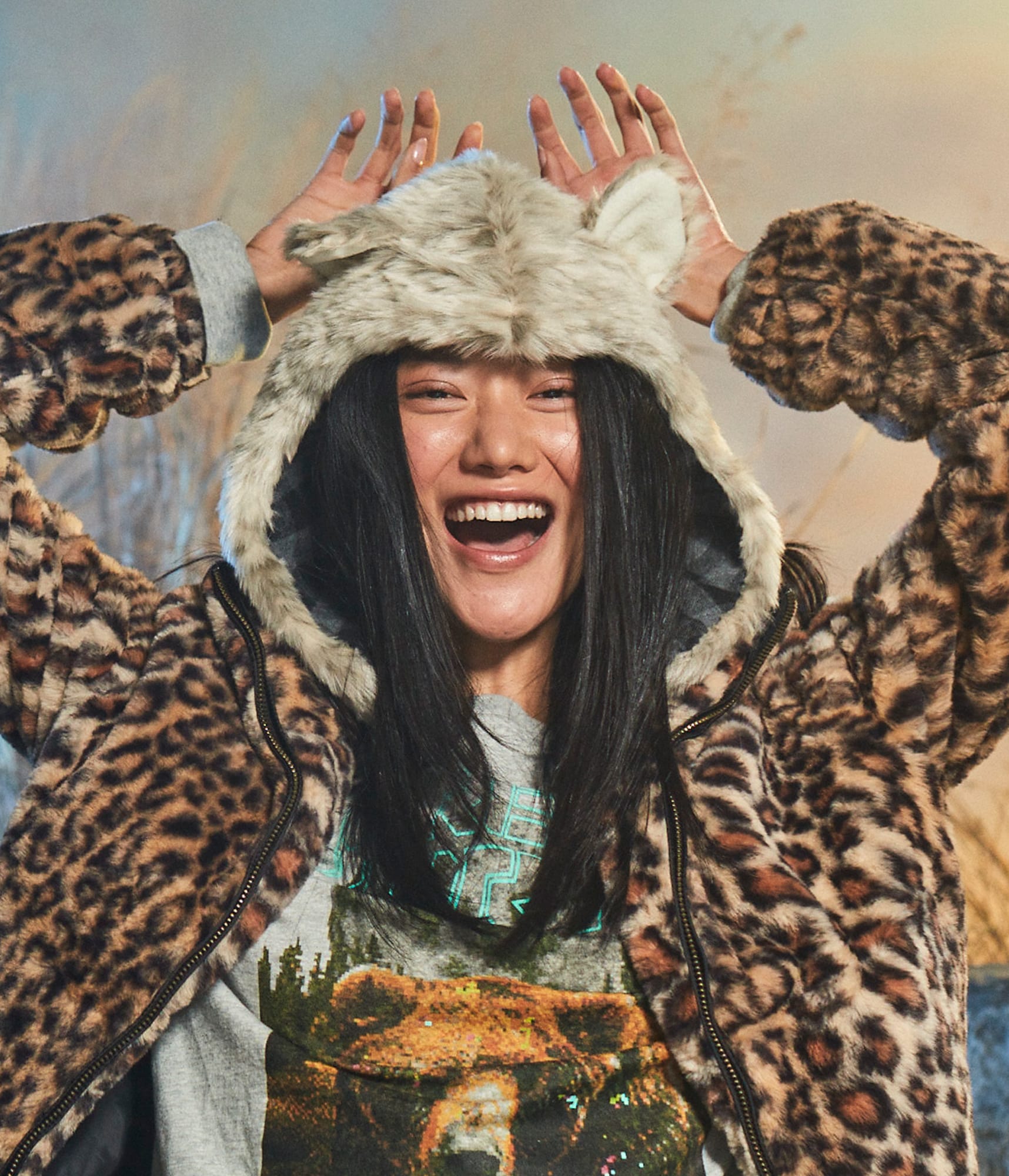 Snow Leopard Faux Fur Trapper Hat