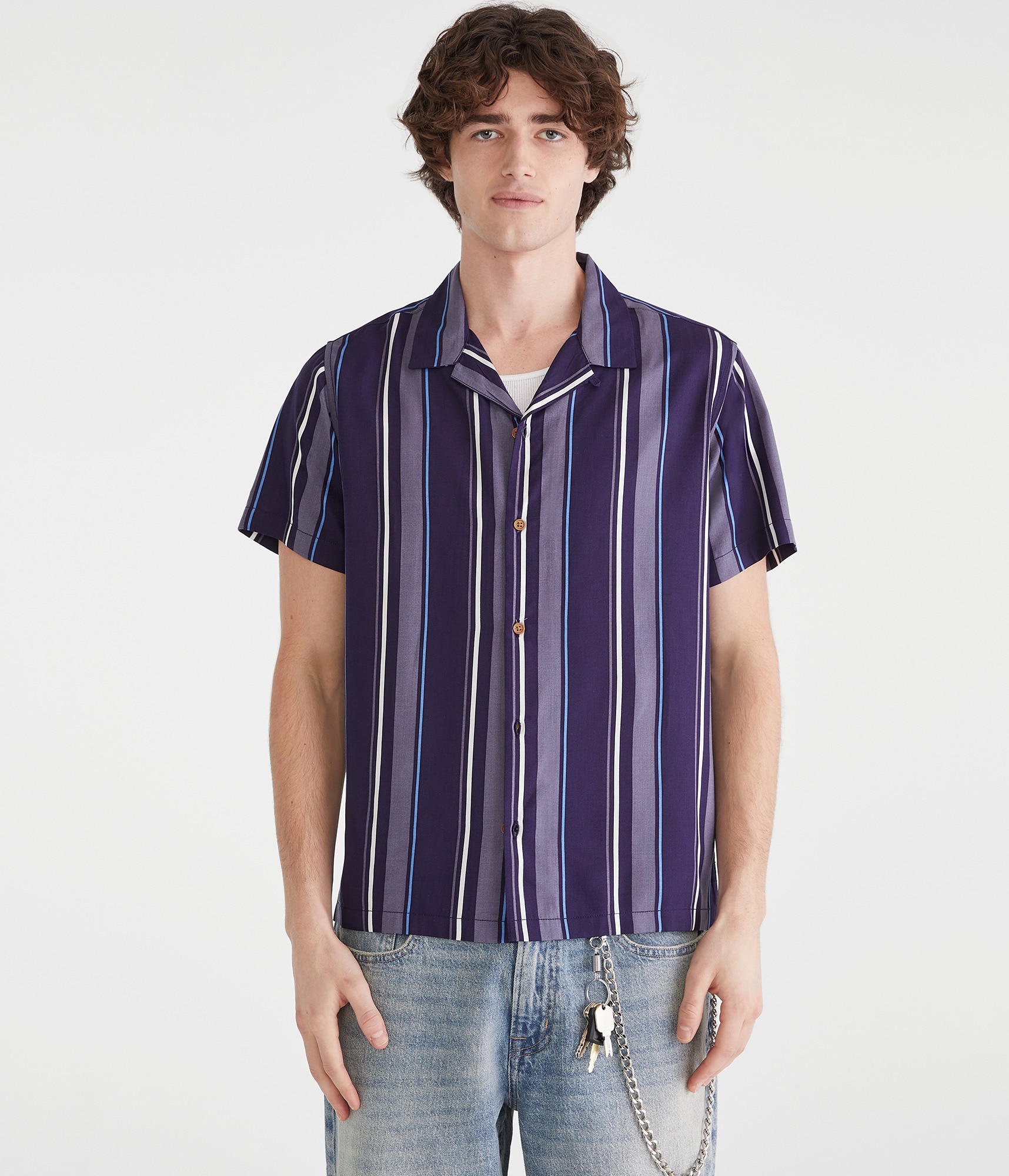 Short Sleeve Vertical Stripe Camp Shirt