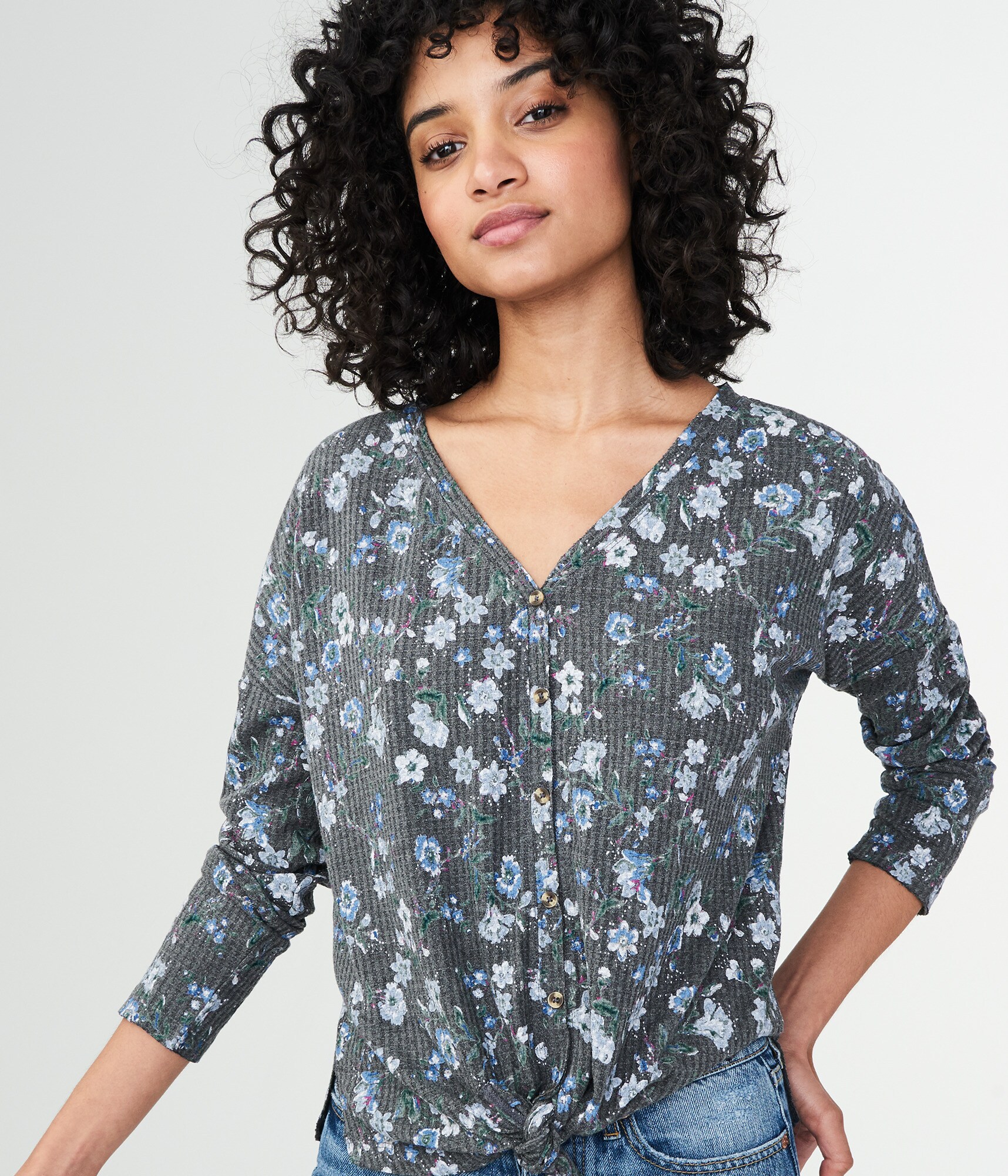 Long Sleeve Floral Waffle-Knit Top