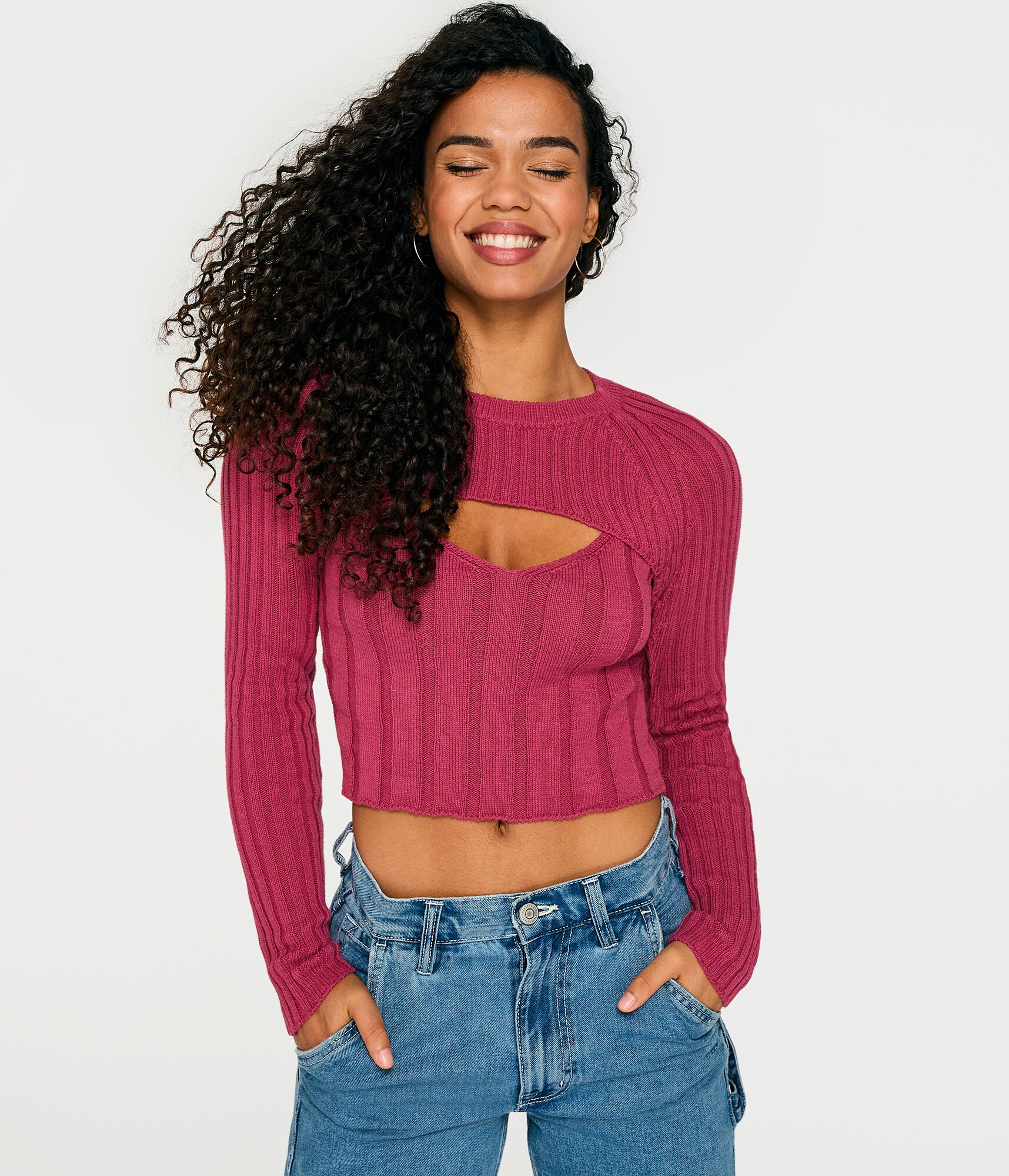 Ribbed Cutout Cropped Crew Sweater