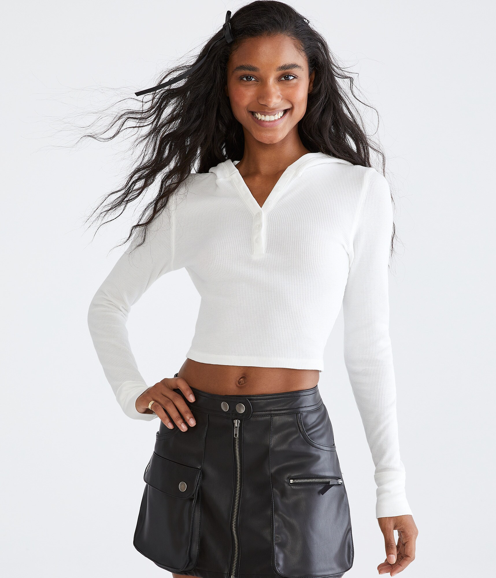 Long Sleeve Cropped Hooded Waffle Henley