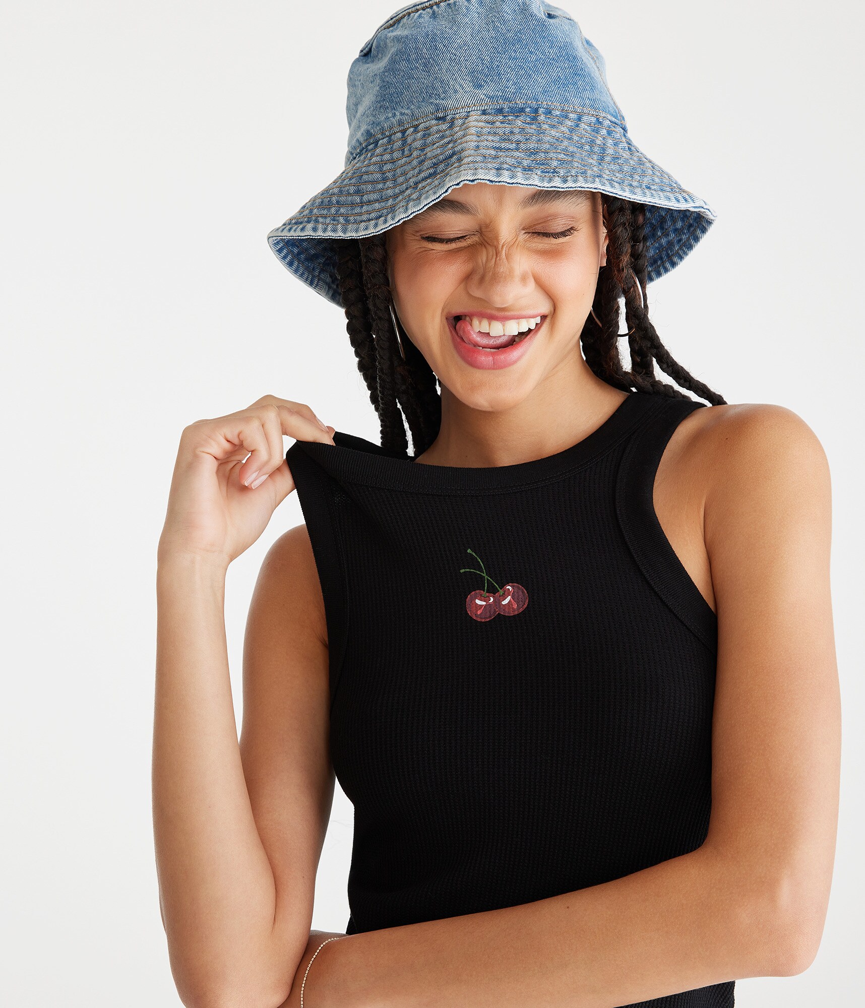 Cherries High-Neck Cropped Waffle Tank