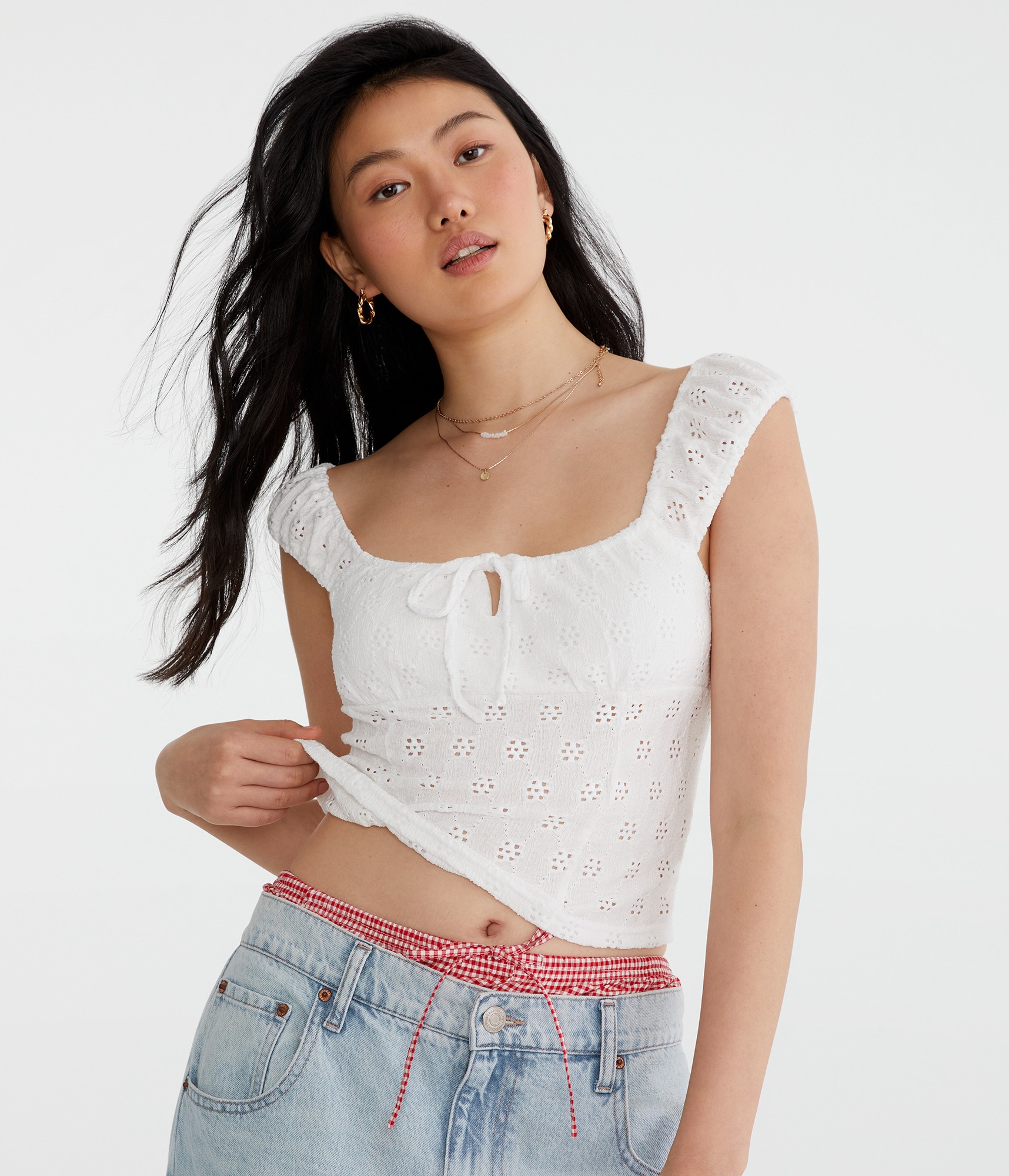 ★andar★ Air Cooling Square Neck Crop Top Eyelet Square-Neck Crop Top