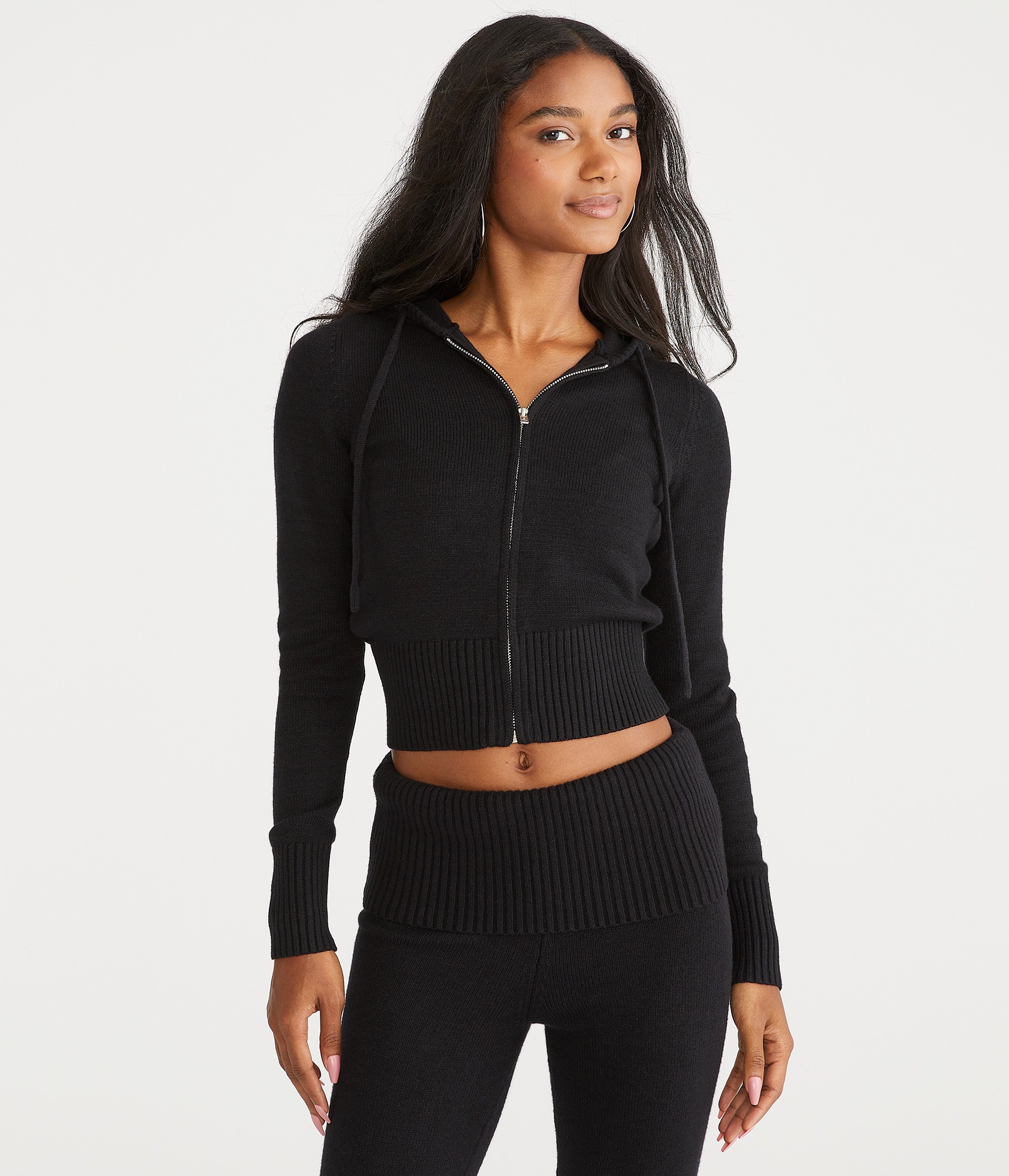 Solid Cropped Full-Zip Hooded Sweater