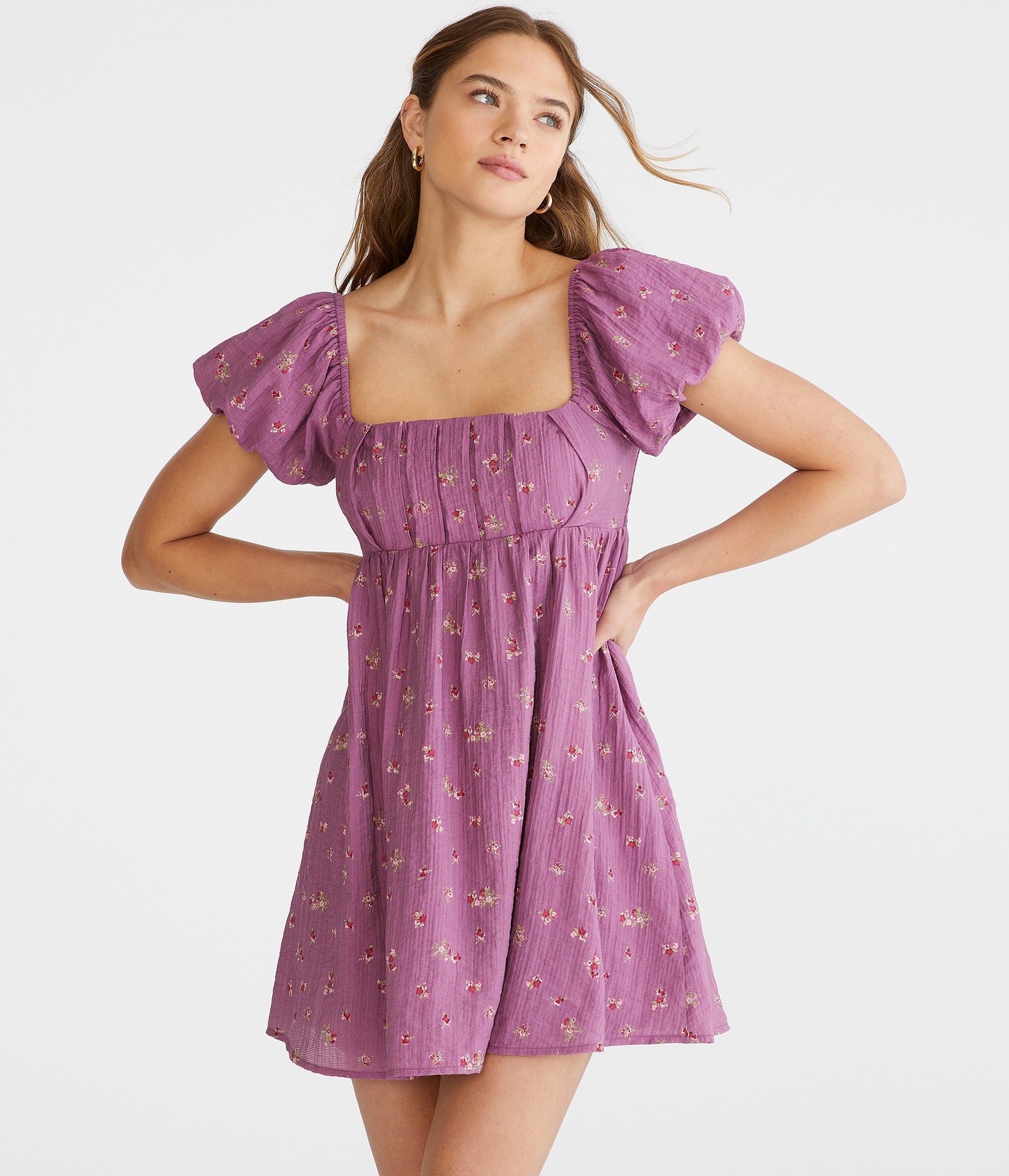 Floral Square-Neck Pleated Babydoll Dress