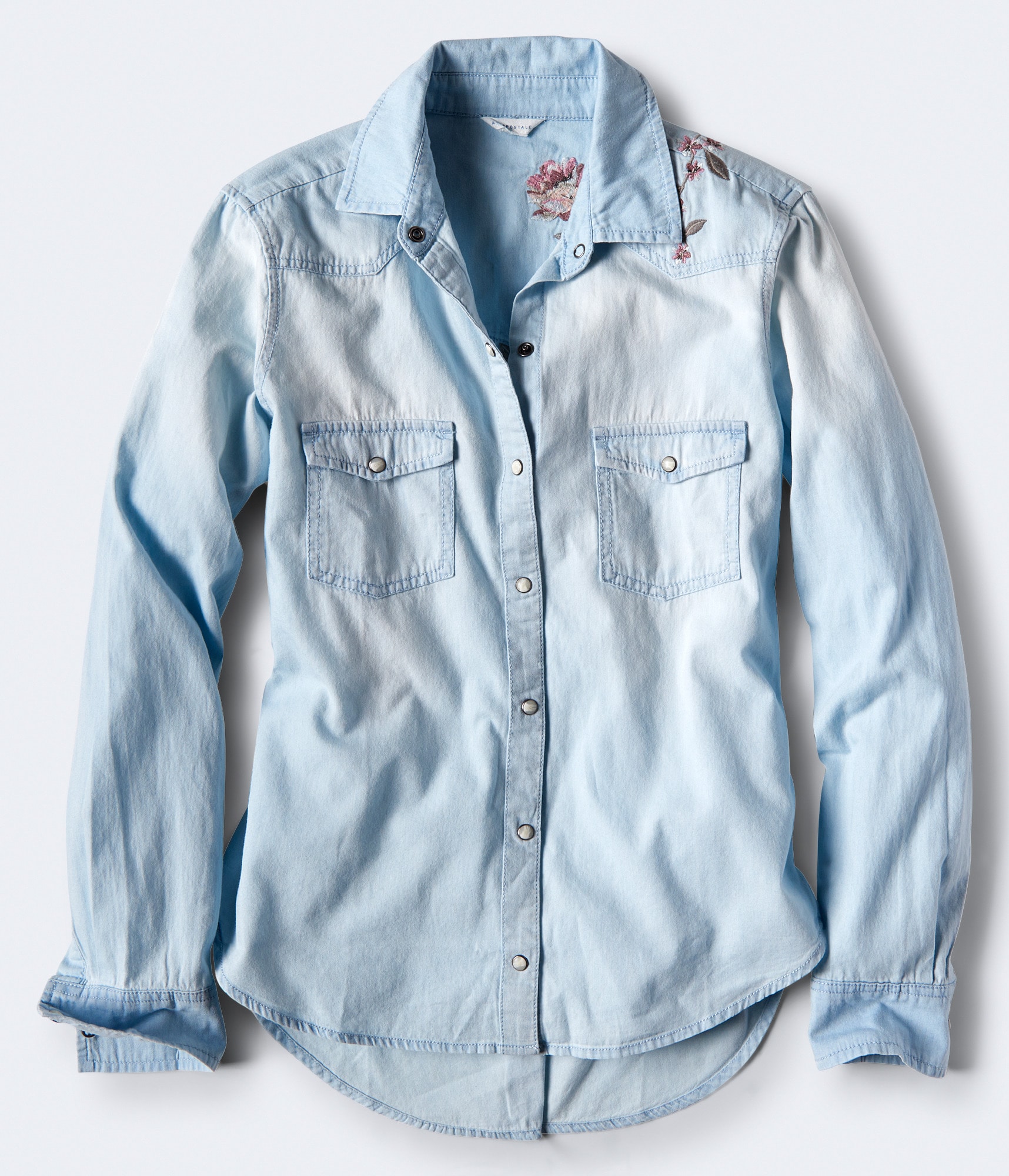 Long Sleeve Embroidered Floral Chambray Woven Shirt
