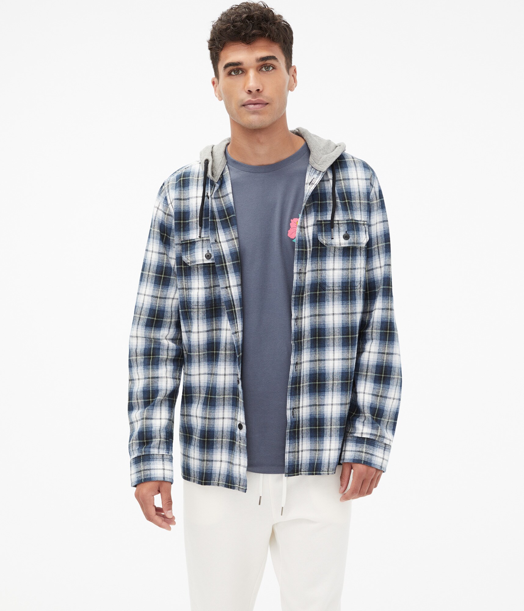Long Sleeve Hooded Flannel Button-Down Shirt