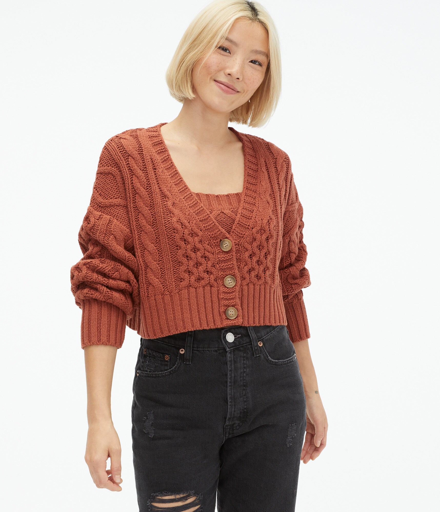 Oversized Cable-Knit Cropped V-Neck Cardigan