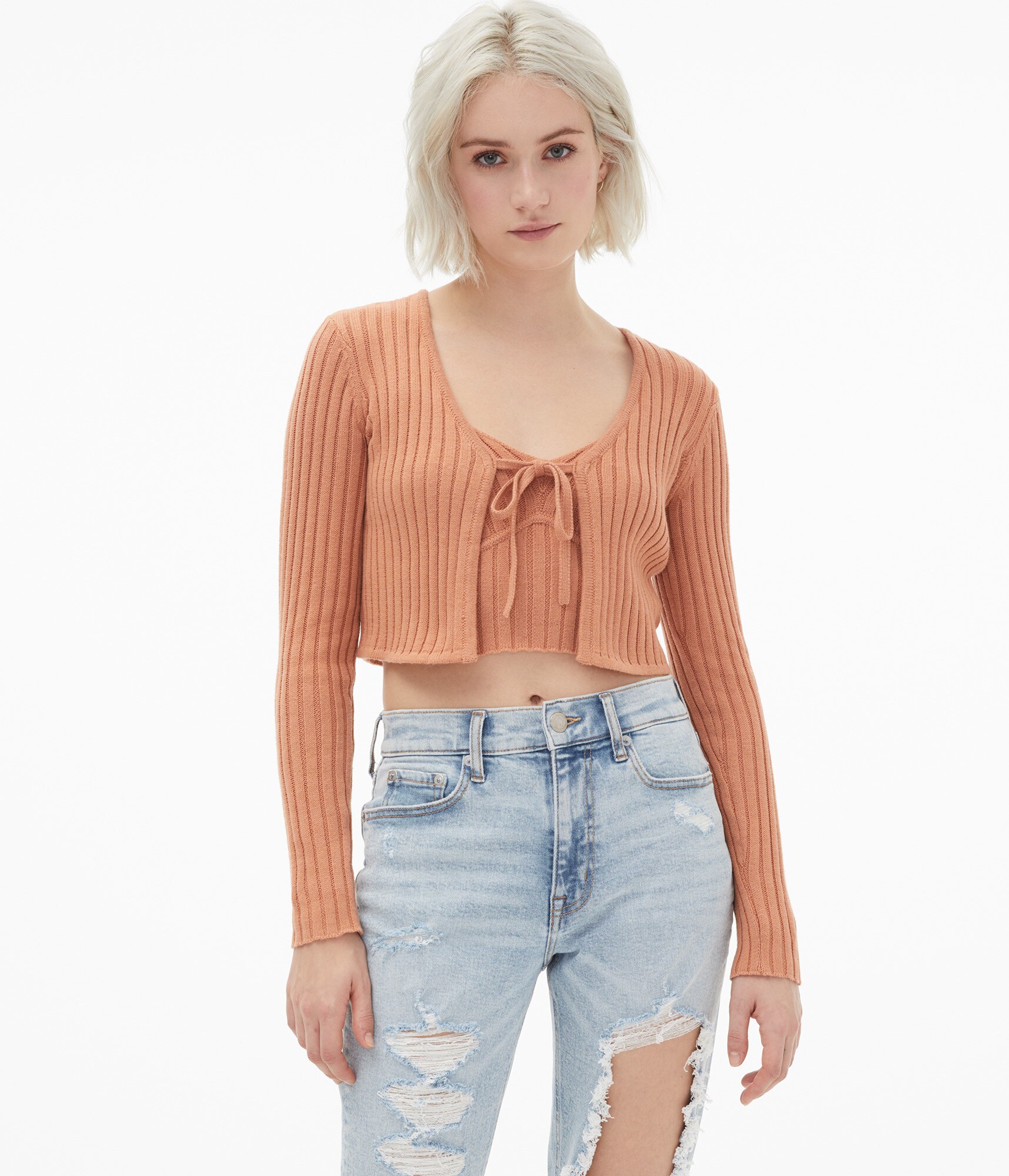 Ribbed Tie-Front Cropped Cardigan