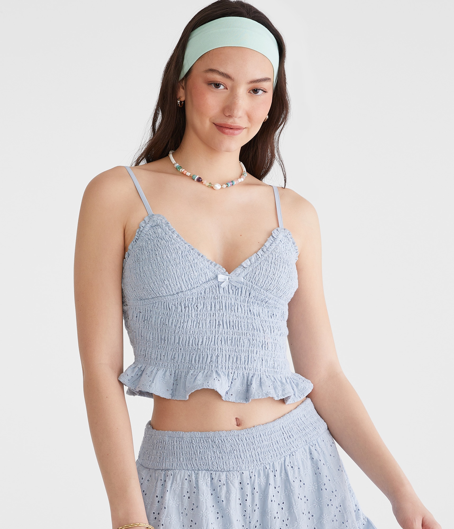 Eyelet Smocked V-Neck Crop Top