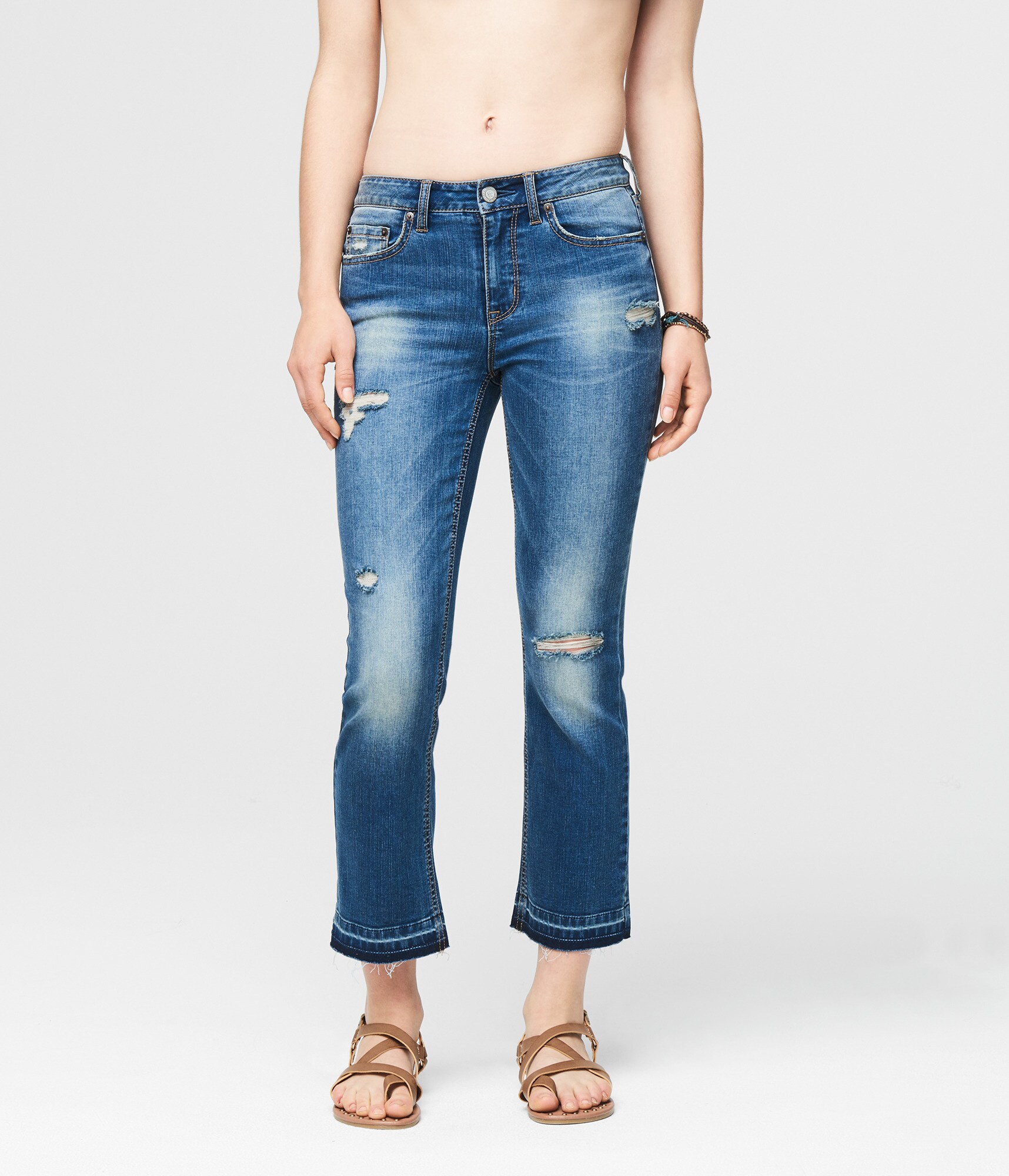 Skinny Kick Flare Destroyed Medium Wash Crop Jean