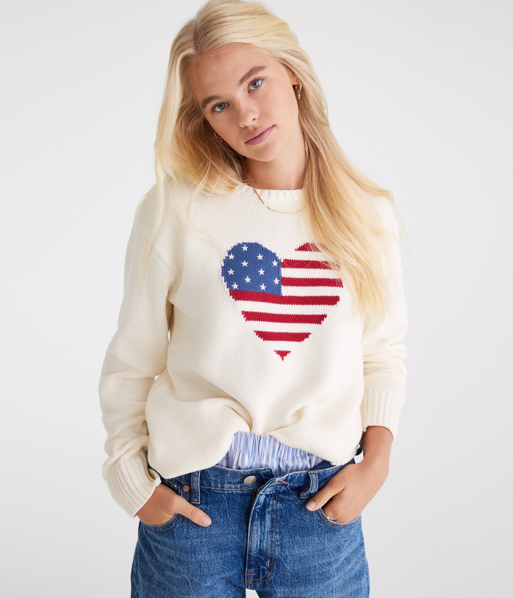 [GRAVER]★ELBOW AMERICAN FLAG SMILE HEART SWEATSHIRT American Flag Heart Crew Sweater