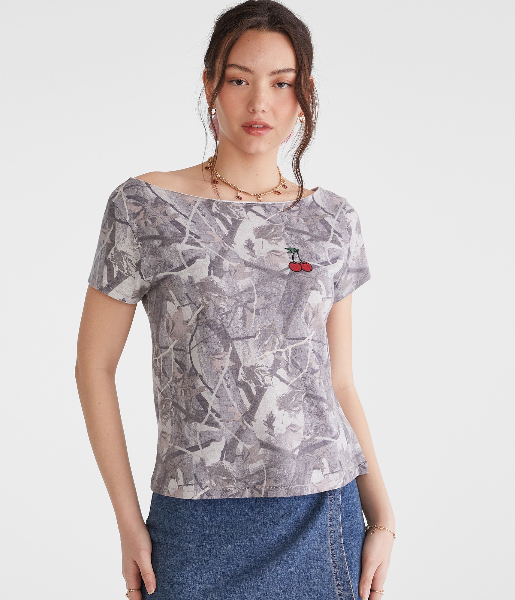 Seriously Soft Camo Cherry Off-The-Shoulder Vintage Fit Graphic Tee